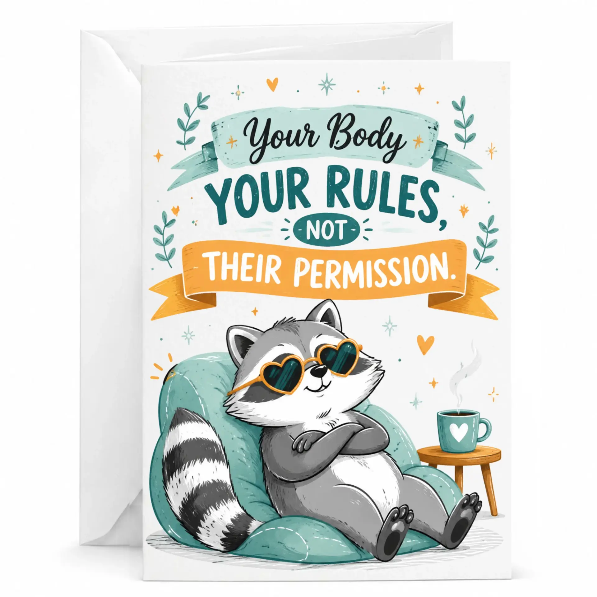 Funny Raccoon Greeting Card Your Body Rules Inspirational Note for Empowerment Encouragement Birthday Anniversary