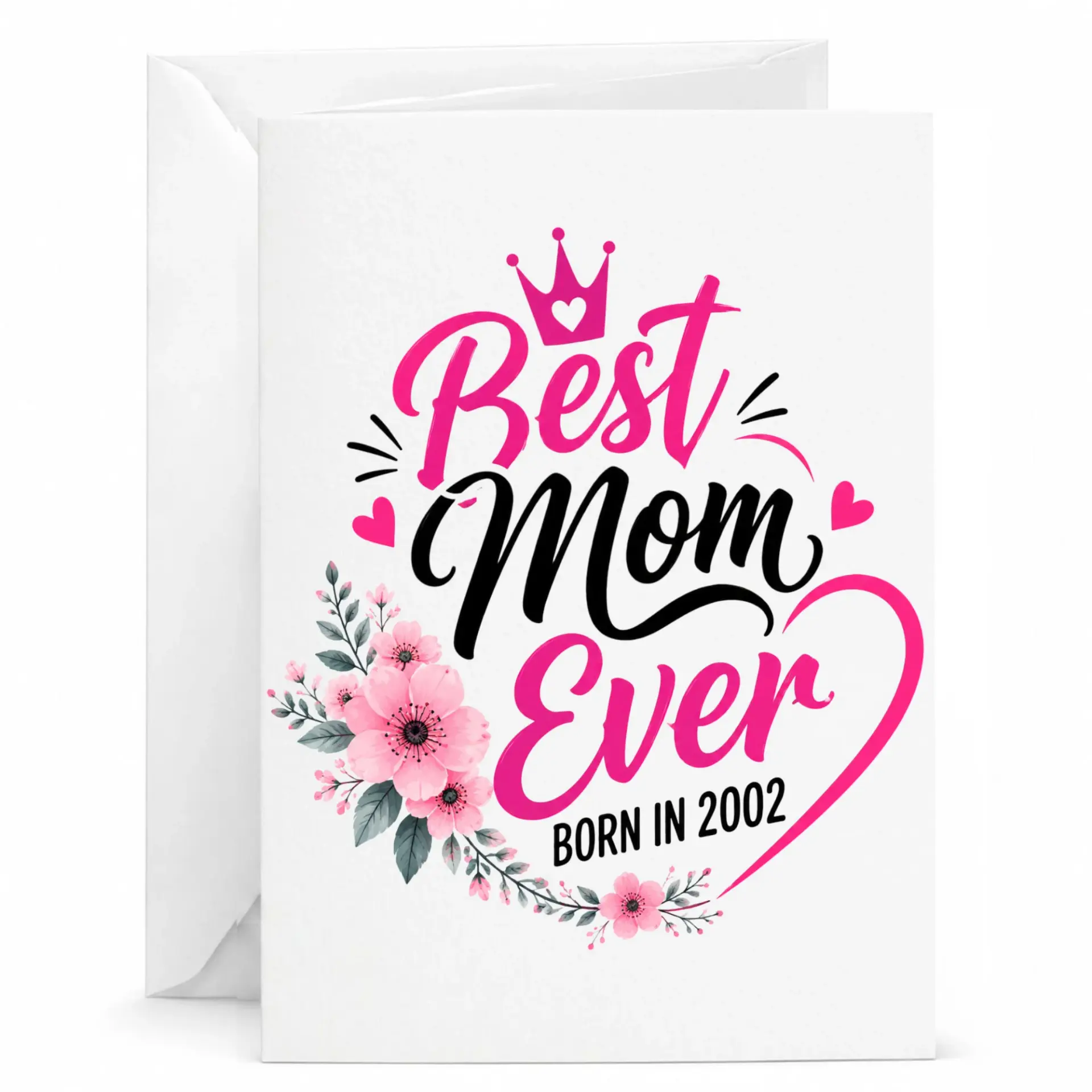 Greeting Card Best Mom Ever Born in 2002 Floral Design Mother Birthday Appreciation Note Card with Matching Envelope