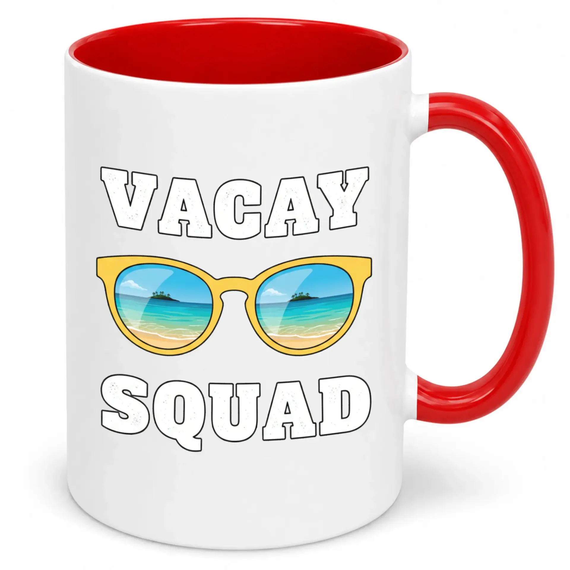 Funny Vacation Squad Ceramic Coffee Mug with Beach Sunglasses Design, Travel Themed Drinkware Gift for Friends and Family, 11 Oz or 15 Oz Option