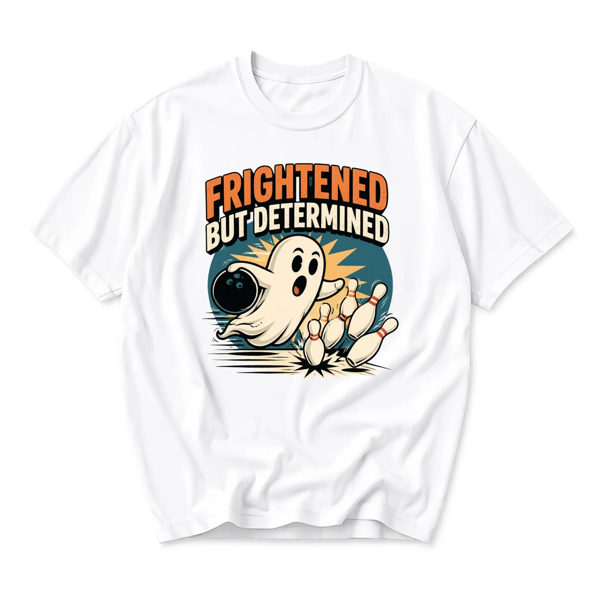 Funny Shirt Frightened but Determined Bowling Ghost Graphic Tee Unisex Crew Neck Casual Cotton Blend Sport Apparel