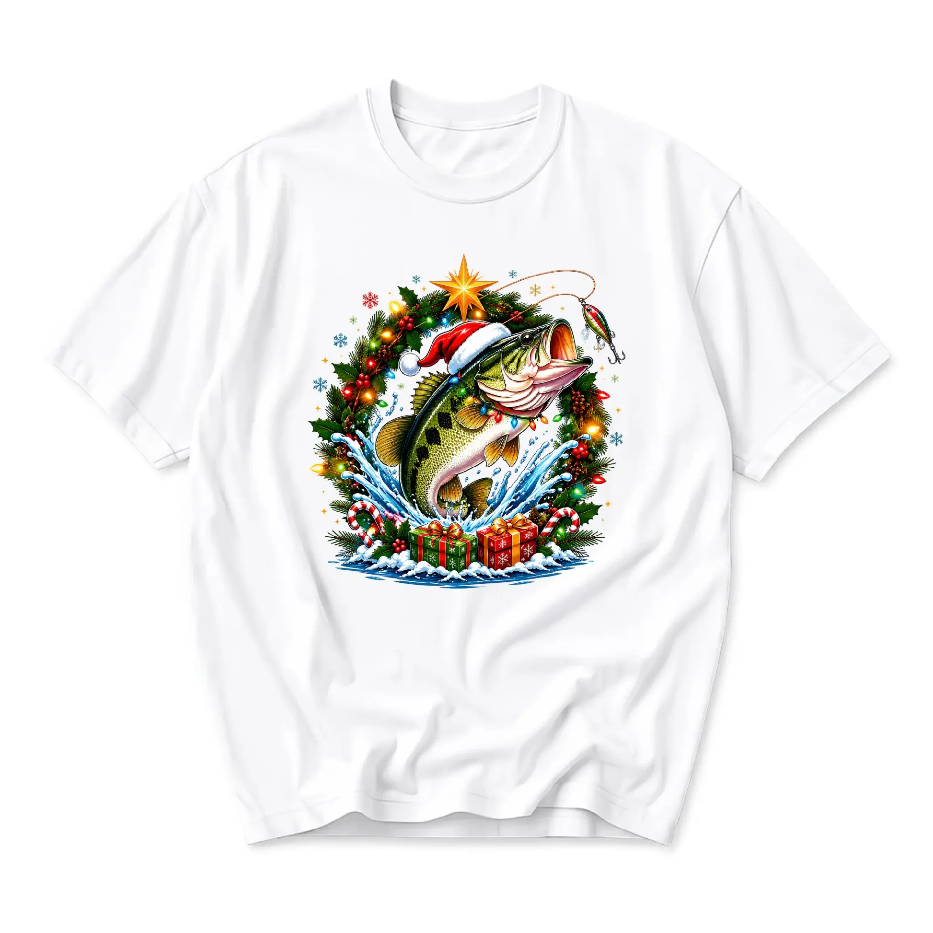 Funny Shirt Christmas Fishing Graphic Tee Festive Holiday Fisherman Apparel for Casual Wear and Everyday Outfit