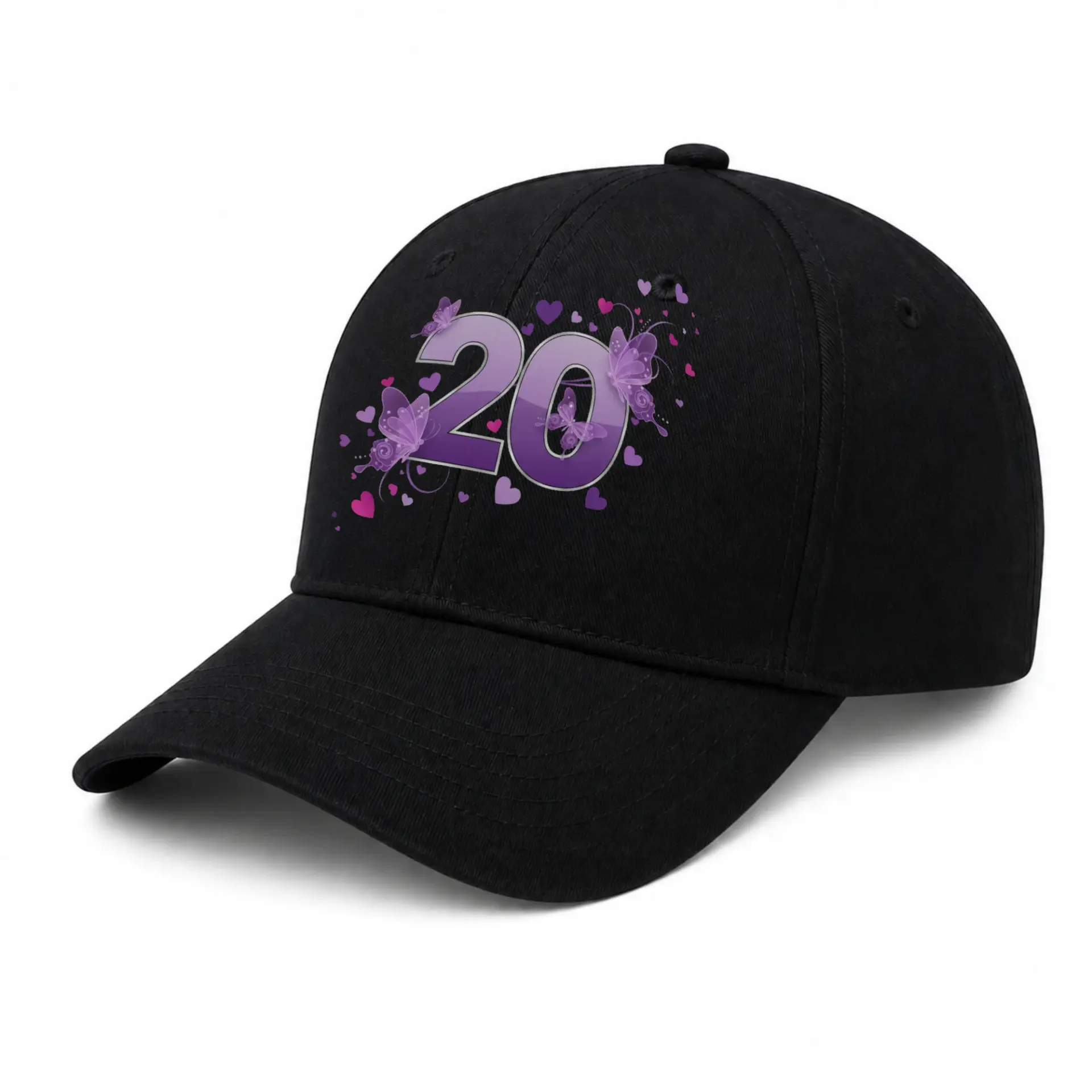 Baseball Cap Featuring a Vibrant Purple Butterfly Graphic Print Design