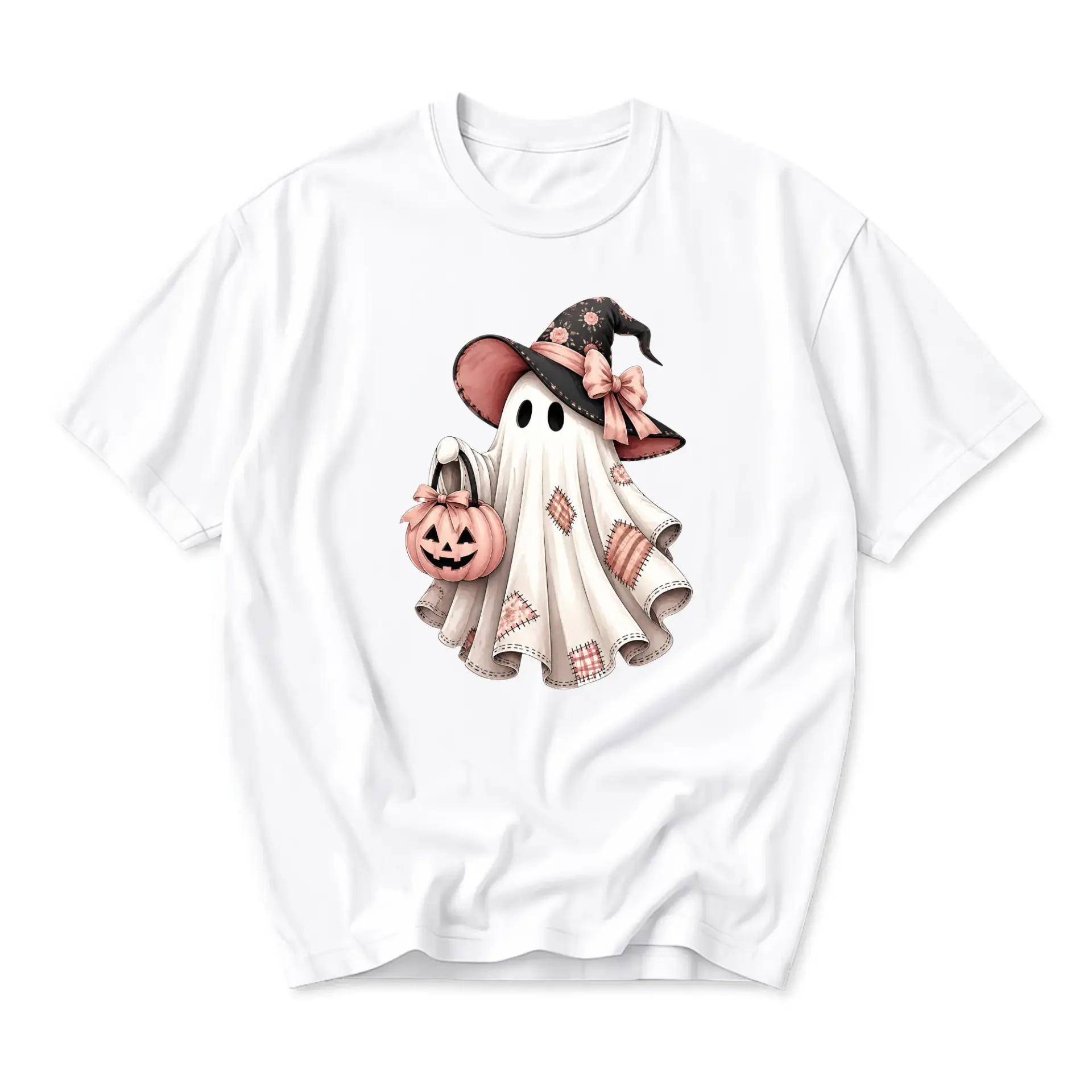 Graphic Tee Cute Ghost Wearing Witch Hat and Holding Pumpkin Bucket Unisex Short Sleeve Cotton Casual Holiday Shirt