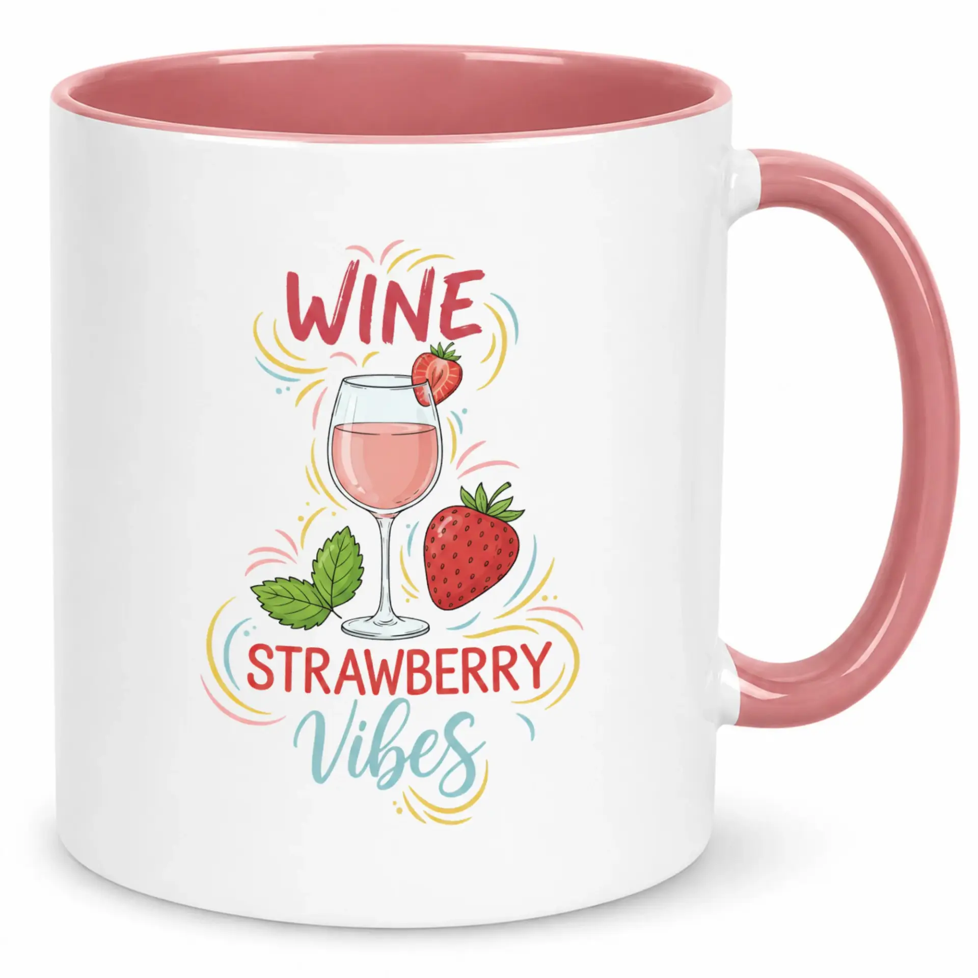 Ceramic Coffee Mug with Wine Strawberry Vibes Design, Premium Drinkware for Hot Beverages, Fun Gift for Friends and Family