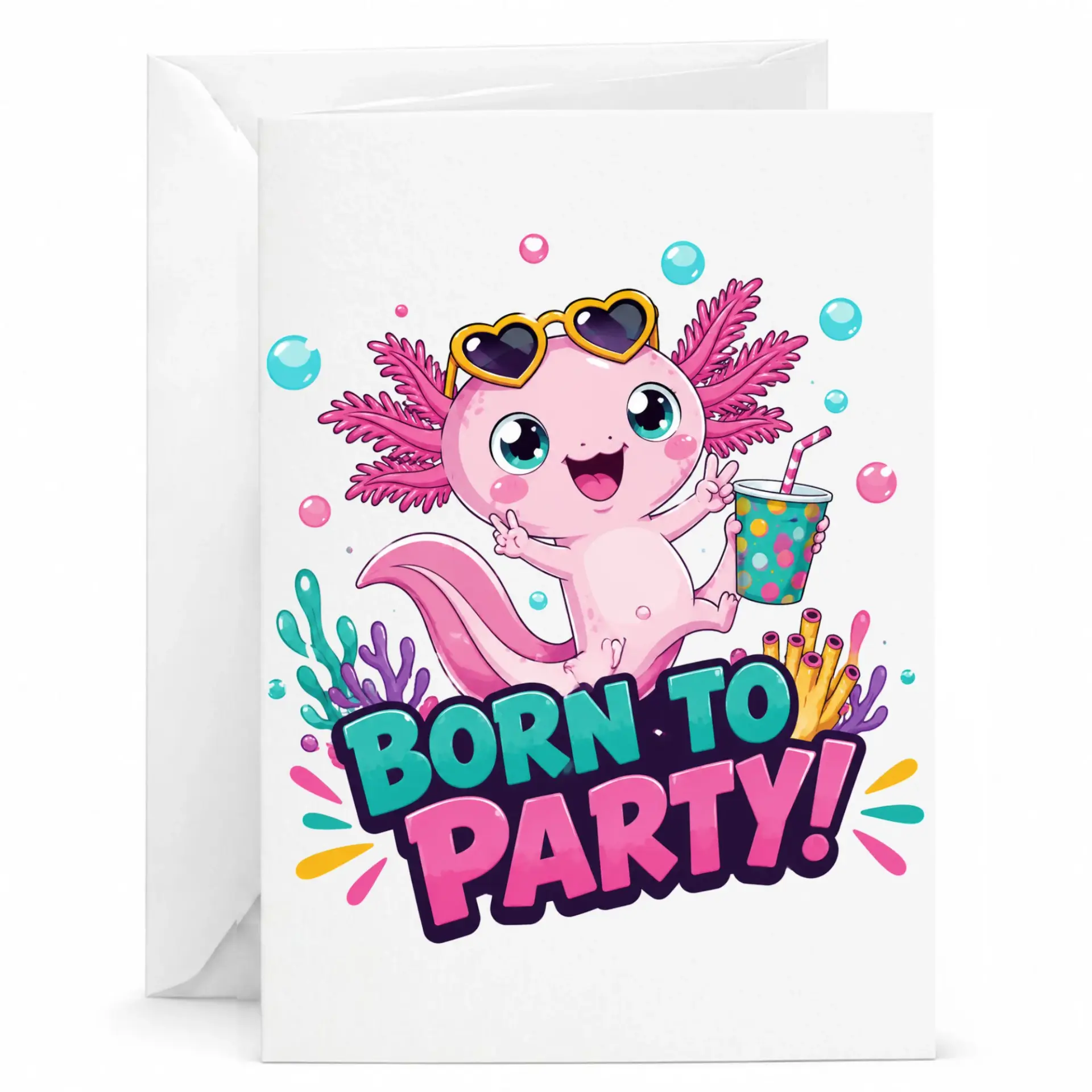 Funny Birthday Card Featuring Cute Axolotl Wearing Heart Sunglasses and Holding a Party Drink with Vibrant Graphics