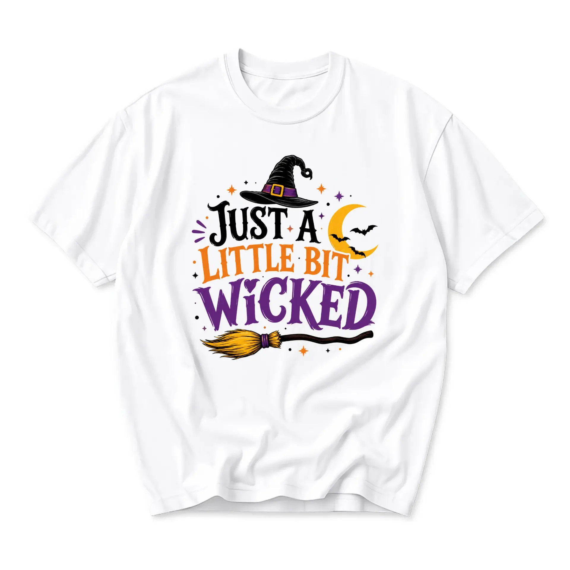 Graphic Tee Just a Little Bit Wicked Halloween Witch Hat Broom Moon Design Unisex Casual Crew Neck Soft Cotton Shirt