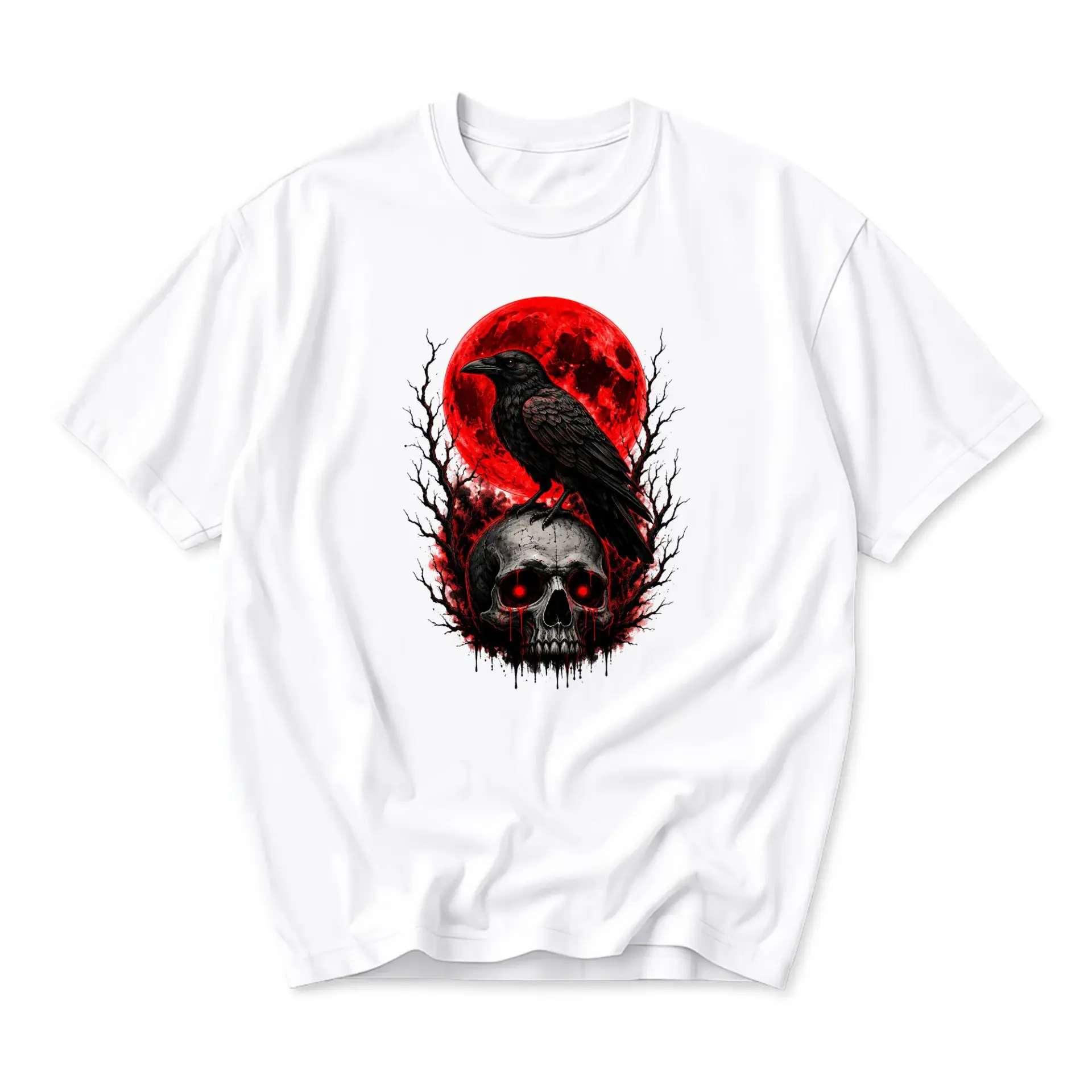 Graphic Tee Unisex Crew Neck T-Shirt Featuring Dark Raven Skull Art Design on White Cotton Casual Everyday Apparel