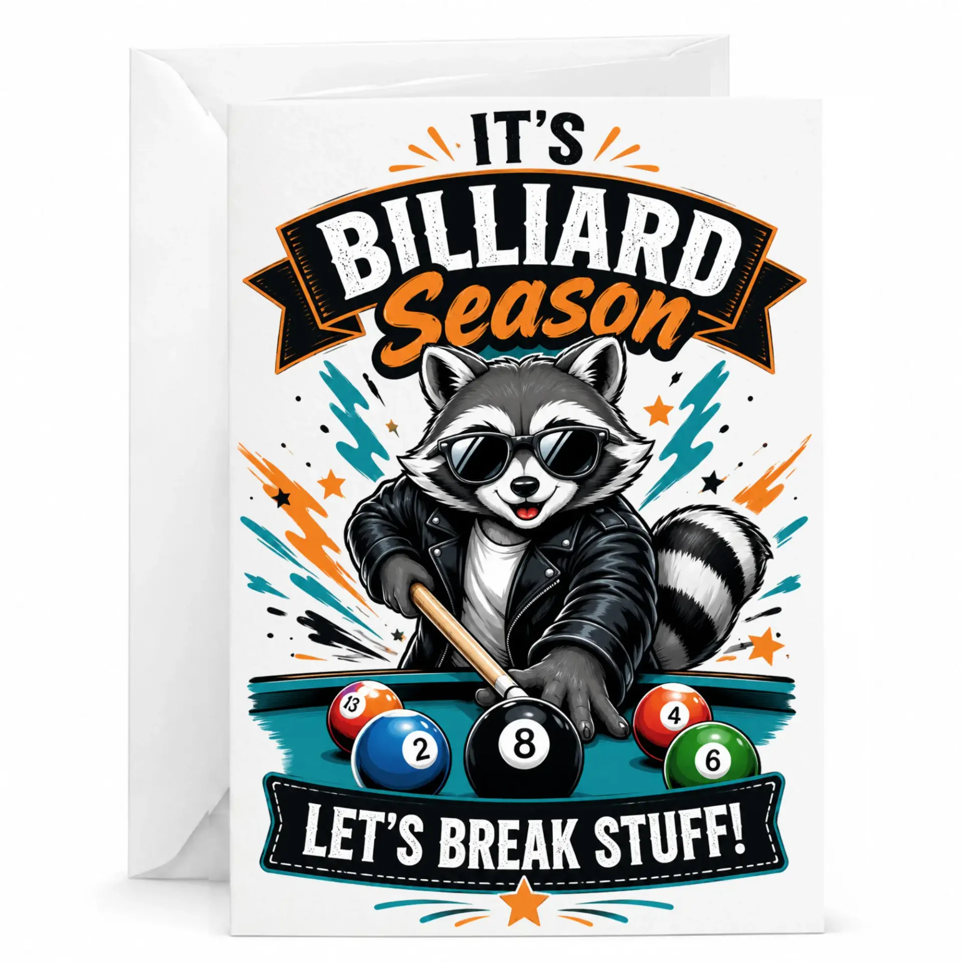 Funny Billiard Season Greeting Card with Raccoon Wearing Sunglasses Playing Pool Design for Sports Enthusiasts