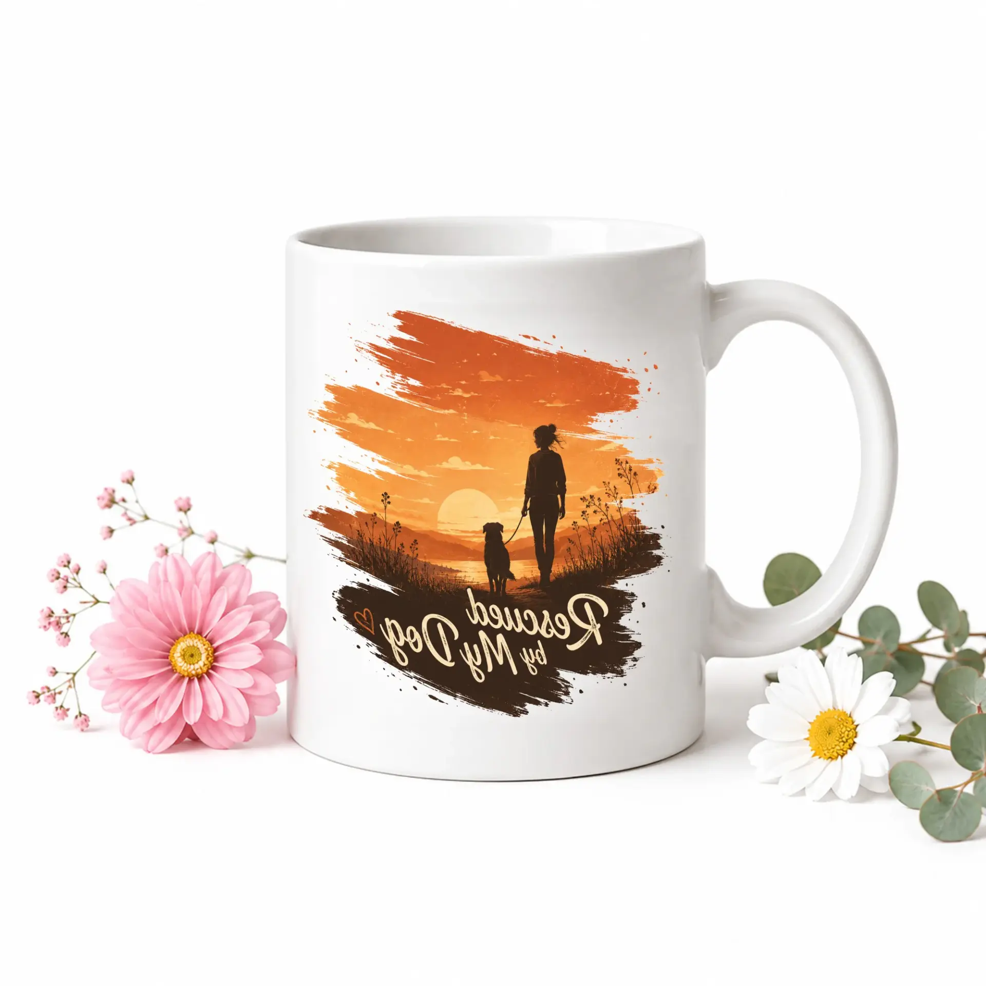 Rescued by My Dog Ceramic Coffee Mug with Blue Handle Artistic Sunset Silhouette Graphic Design for