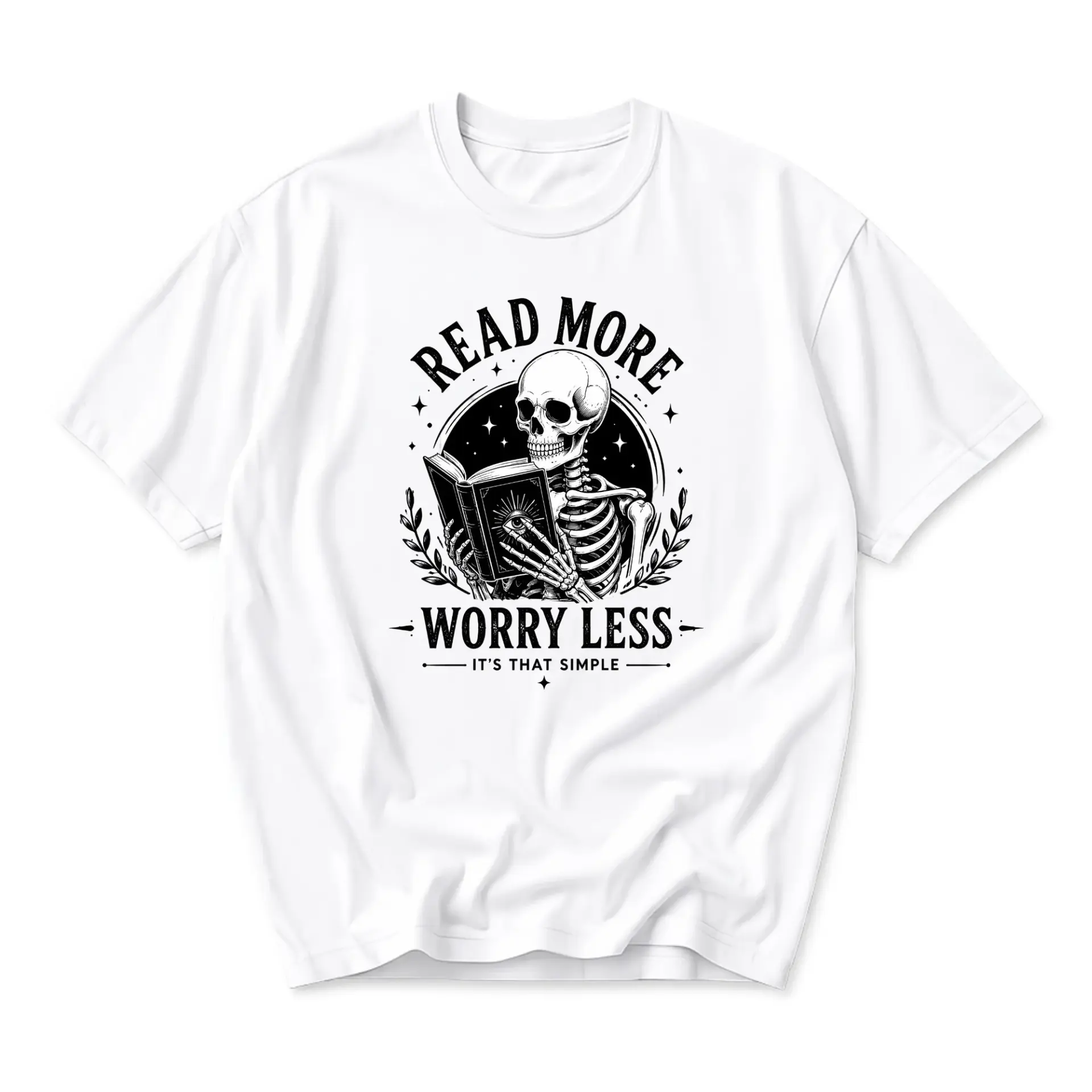Graphic Tee Read More Worry Less Skull Book Reader Unisex Crew Neck Soft Cotton Blend Casual Everyday Short Sleeve Shirt
