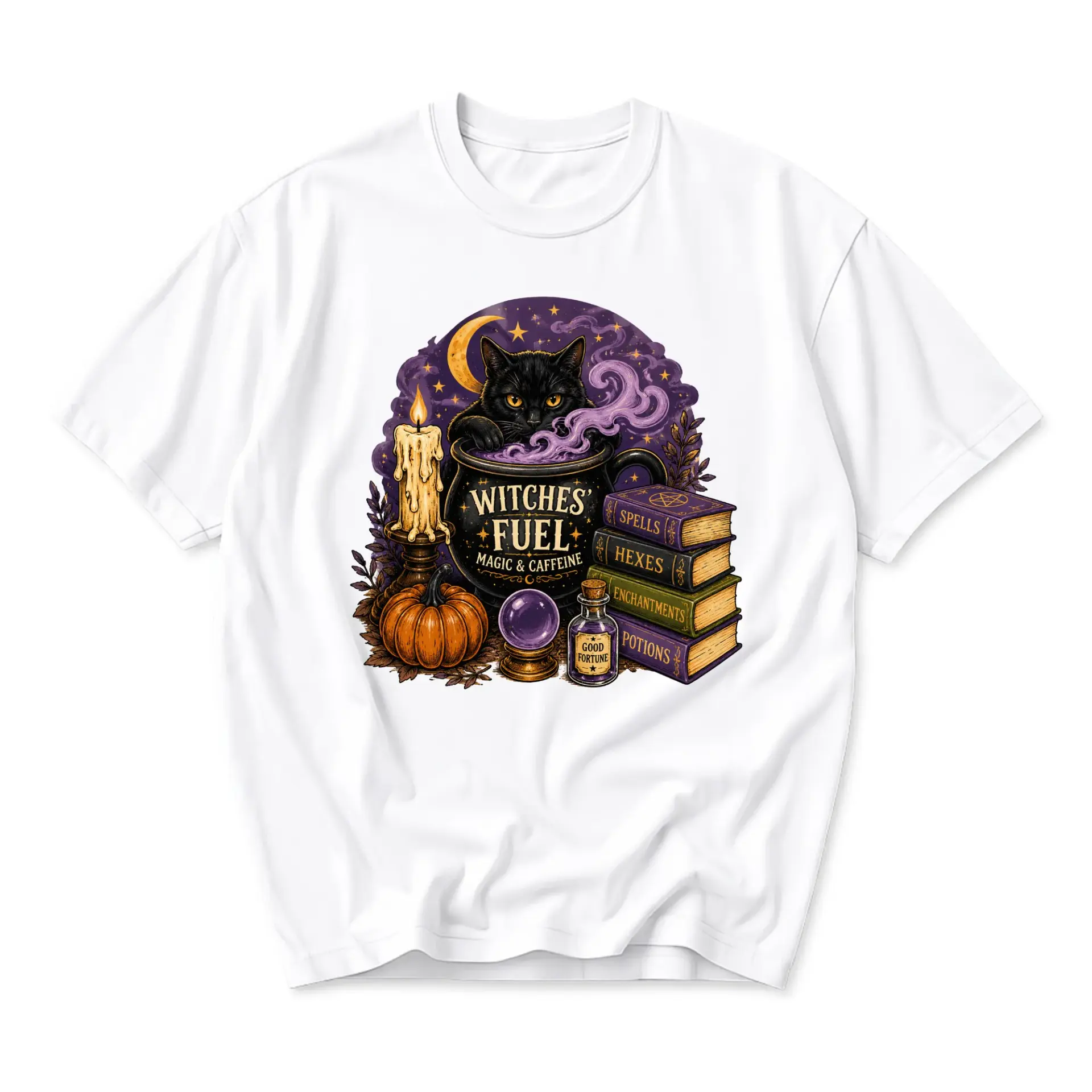 Graphic Tee Witches Fuel Magic and Caffeine Black Cat Witchy Cauldron Spooky Season Unisex Short Sleeve Shirt