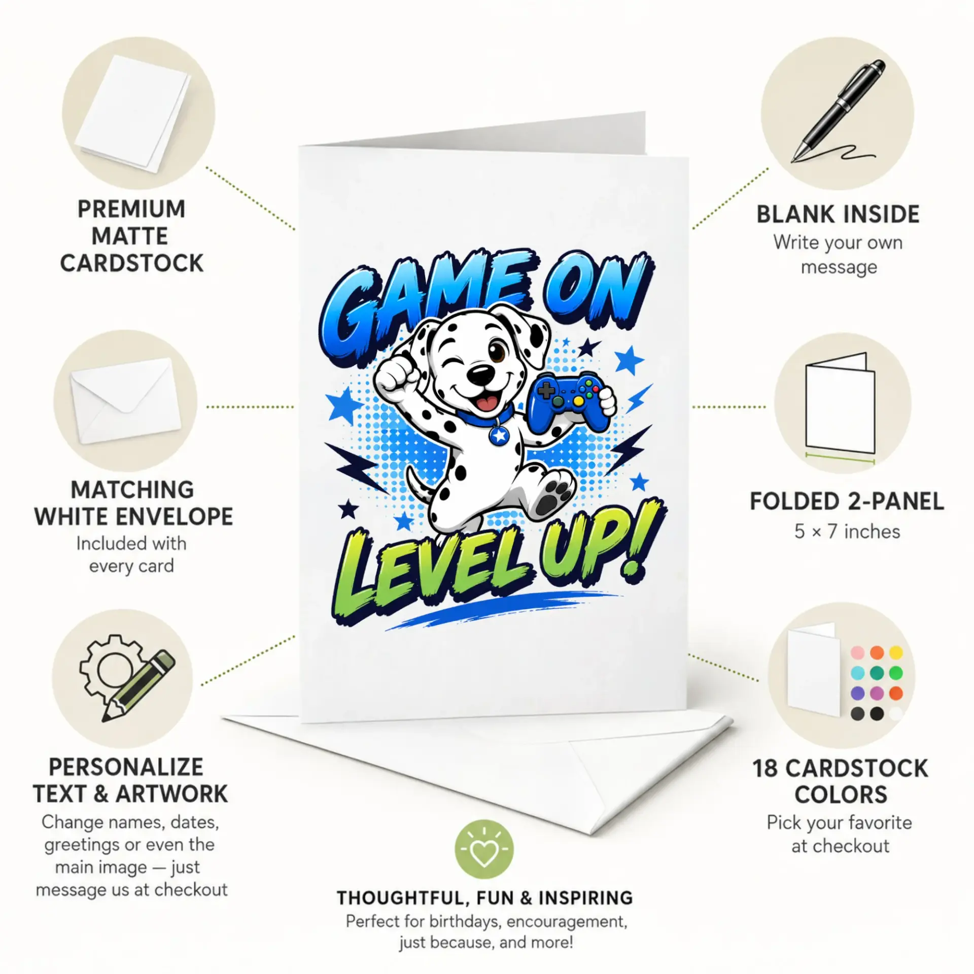Funny Gaming Dog Greeting Card Featuring a Winking Spotted Puppy Holding a Video Game Controller for Gamers