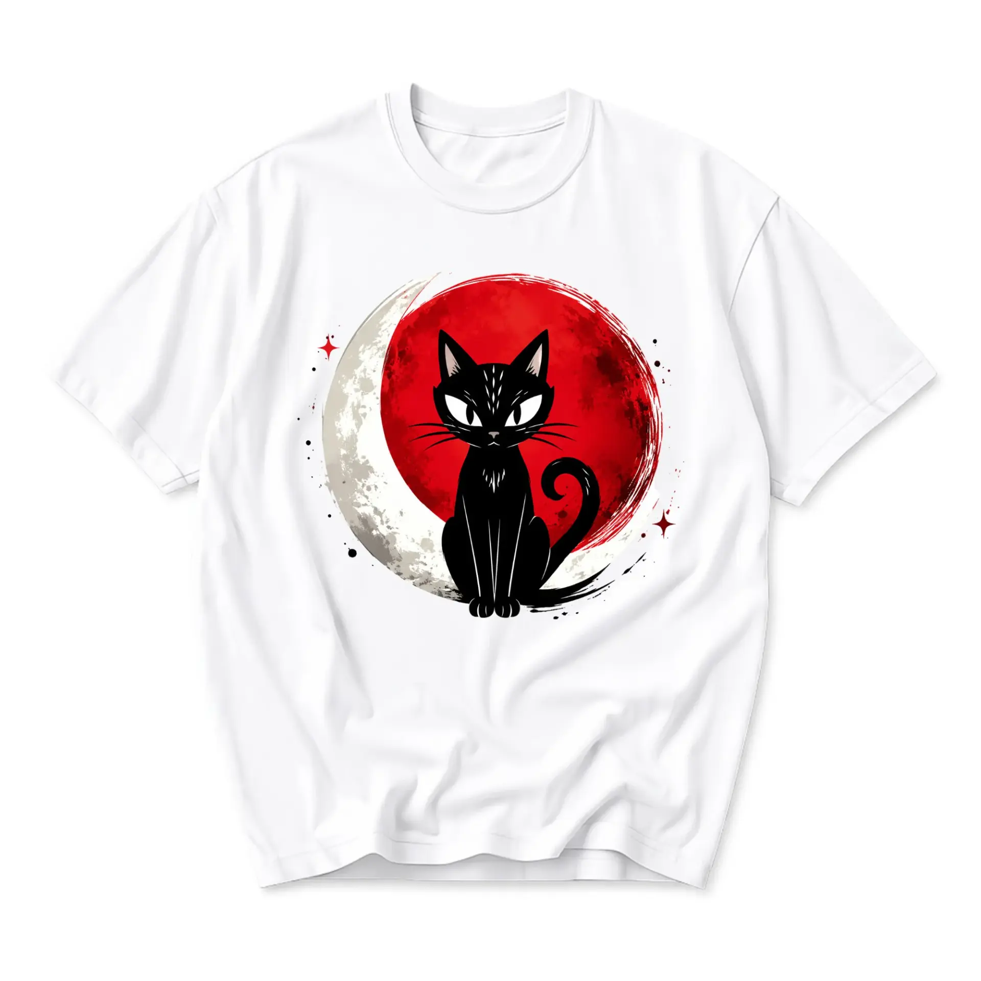 Graphic Tee Black Cat Sitting on Crescent Moon Artistic Illustration Unisex Crew Neck Casual Cotton Blend Shirt