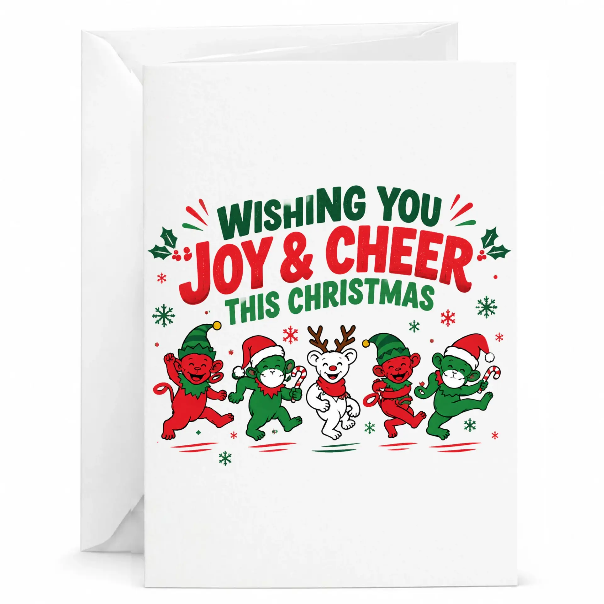 Funny Christmas Greeting Card with Dancing Monkeys and Reindeer for Holiday Season Wishes and Seasonal Cheer