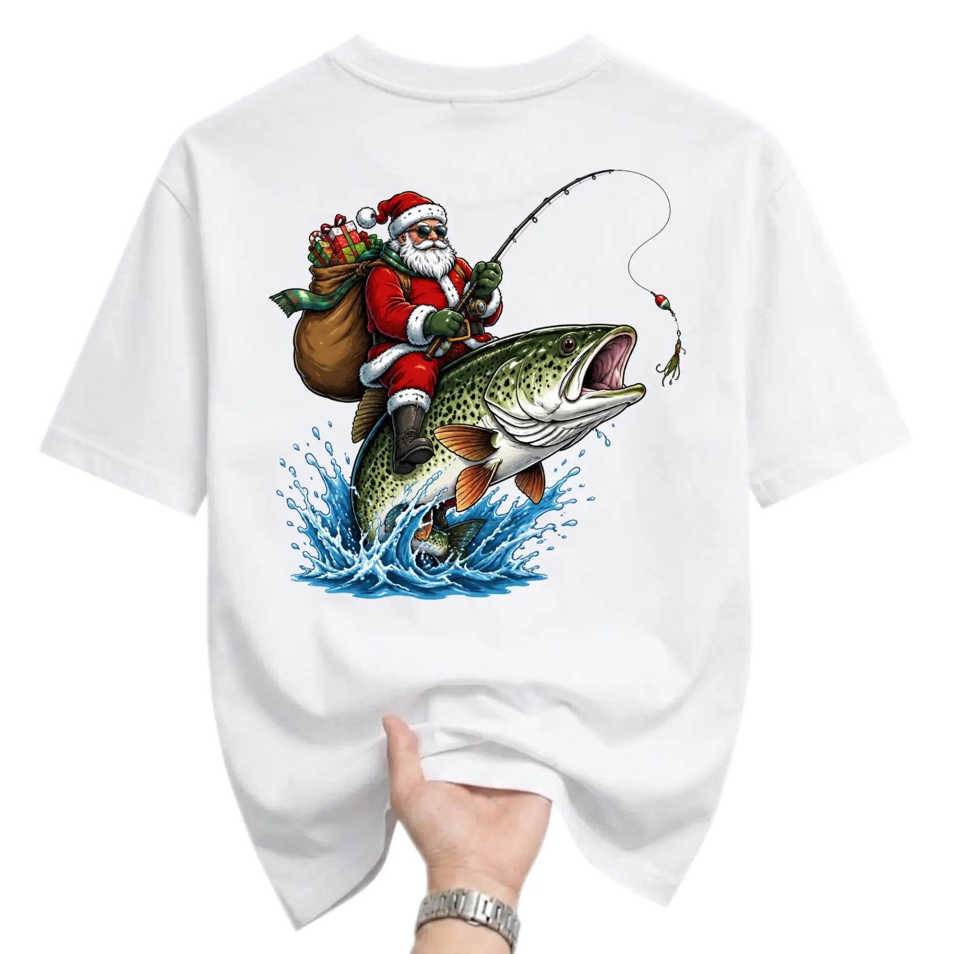 Funny Shirt Santa Claus Fishing Graphic Tee Unisex Casual Apparel for