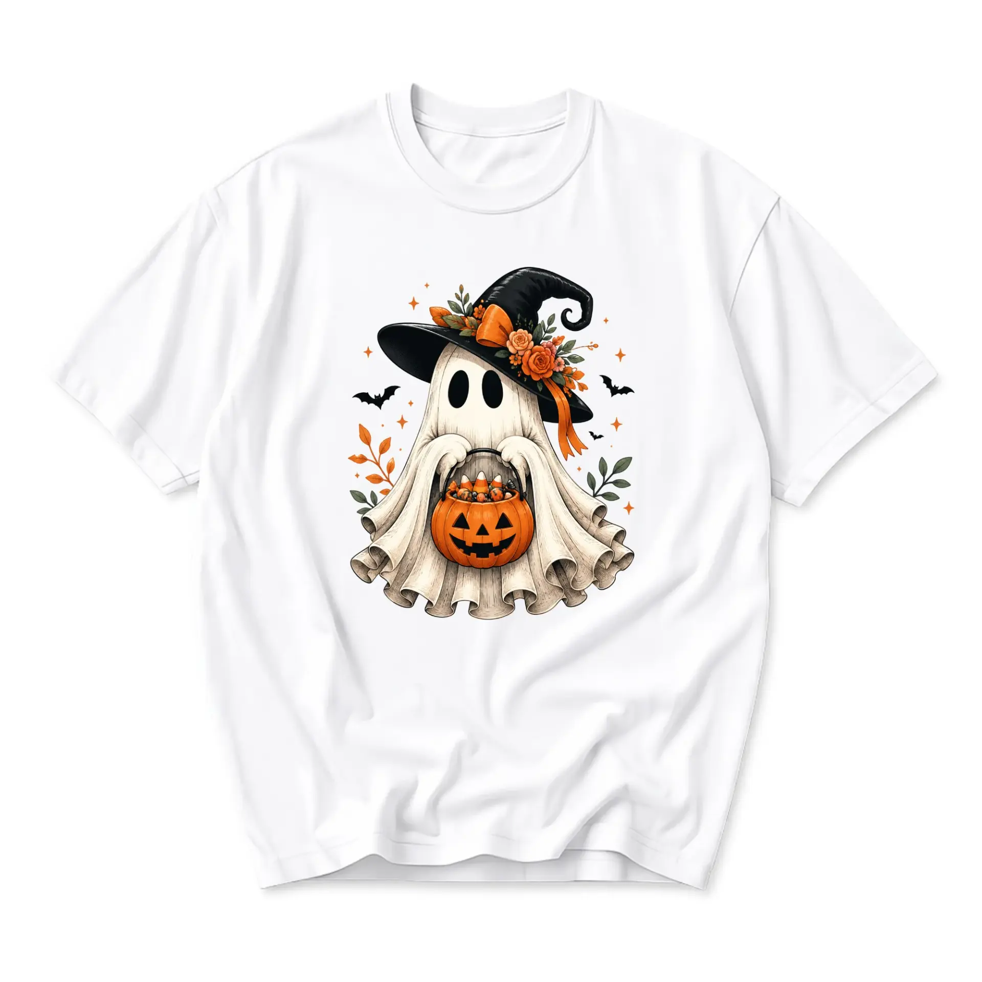 Graphic Tee Unisex Halloween Ghost Holding Pumpkin Basket Autumn Harvest Witch Hat Illustration Short Sleeve Shirt