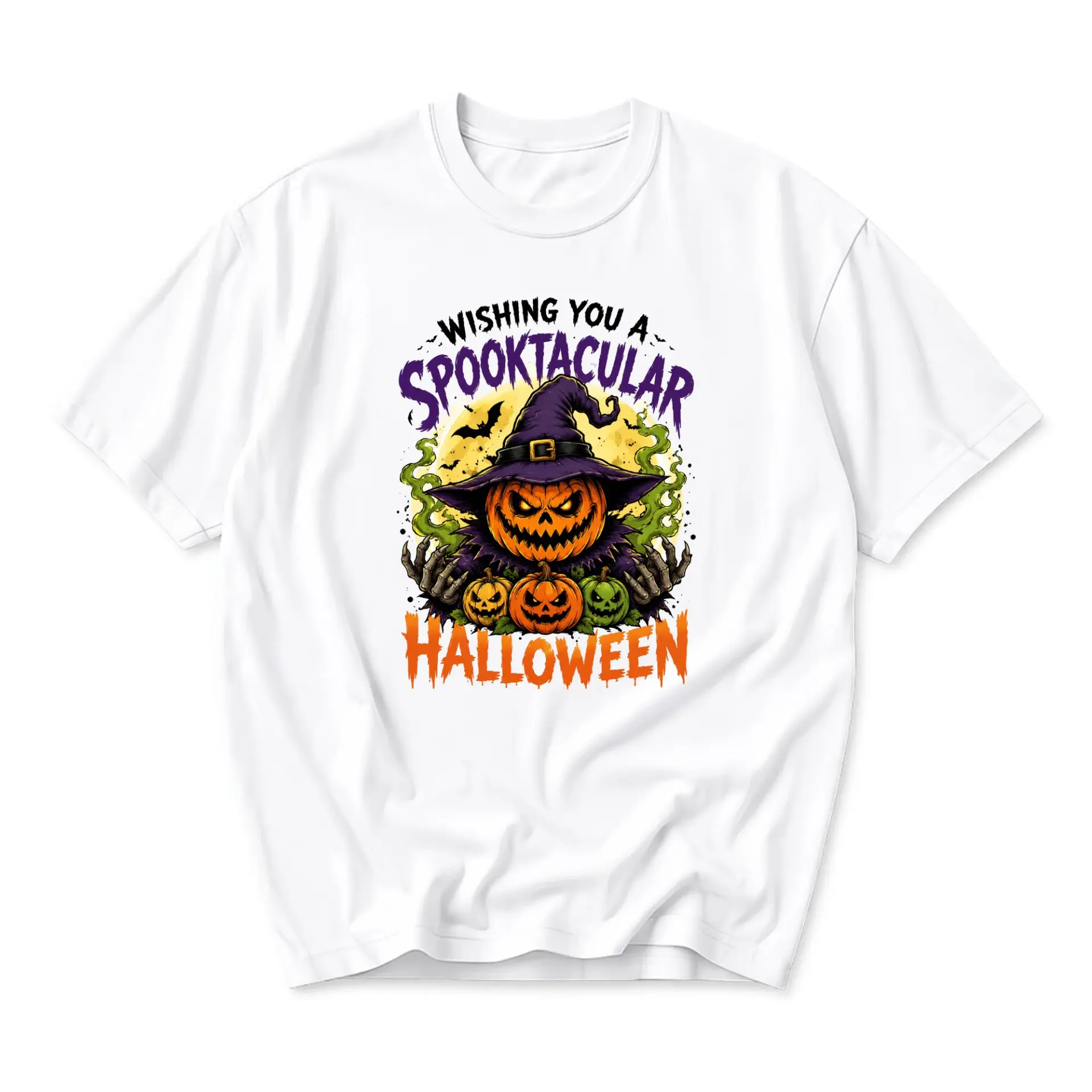Graphic Tee Wishing You a Spooktacular Halloween Unisex Crew Neck Shirt with Festive Pumpkin and Witch Hat Design