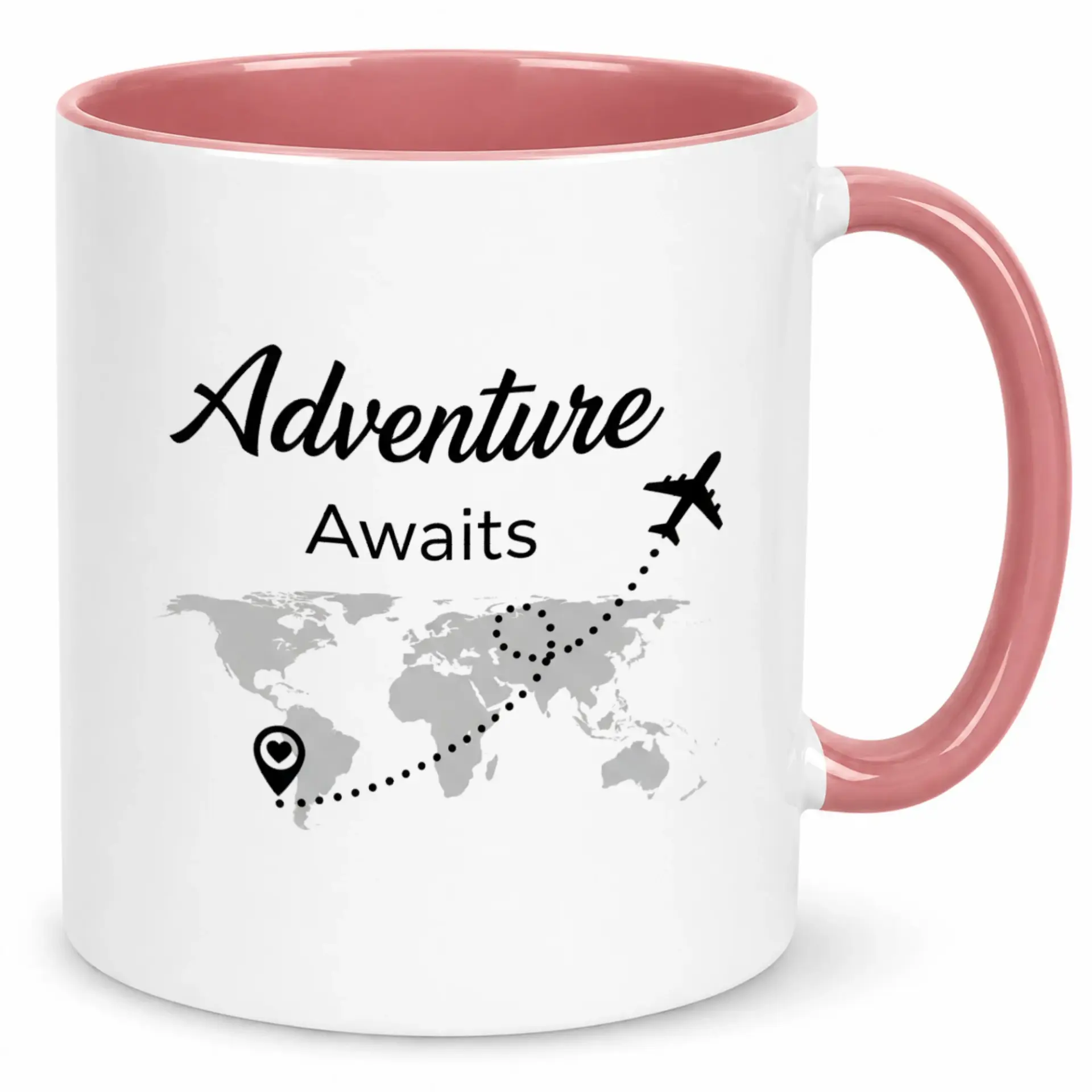 Coffee Mug, Adventure Awaits World Map Design Ceramic Cup, Travel Enthusiast Gift, Pink Handle and Interior, 11oz or 15oz Drinkware