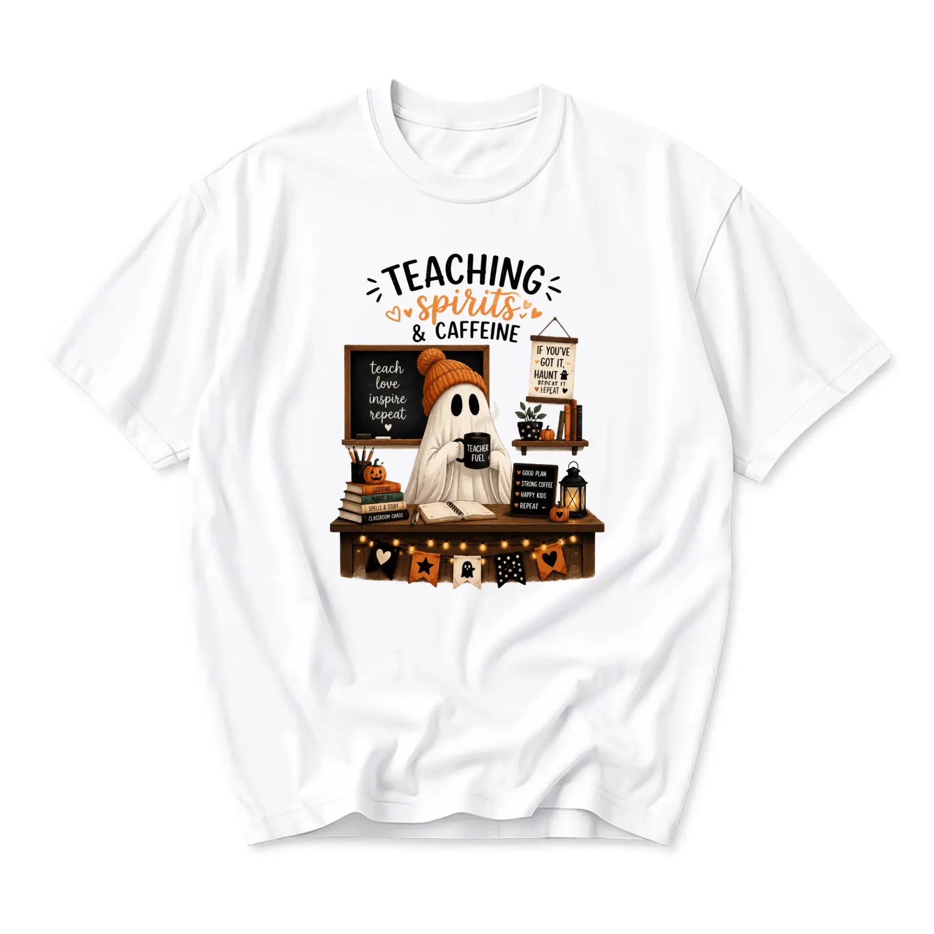 Graphic Tee Teaching Spirits and Caffeine Halloween Shirt Casual Fall Apparel for Educators Short Sleeve Crew Neck