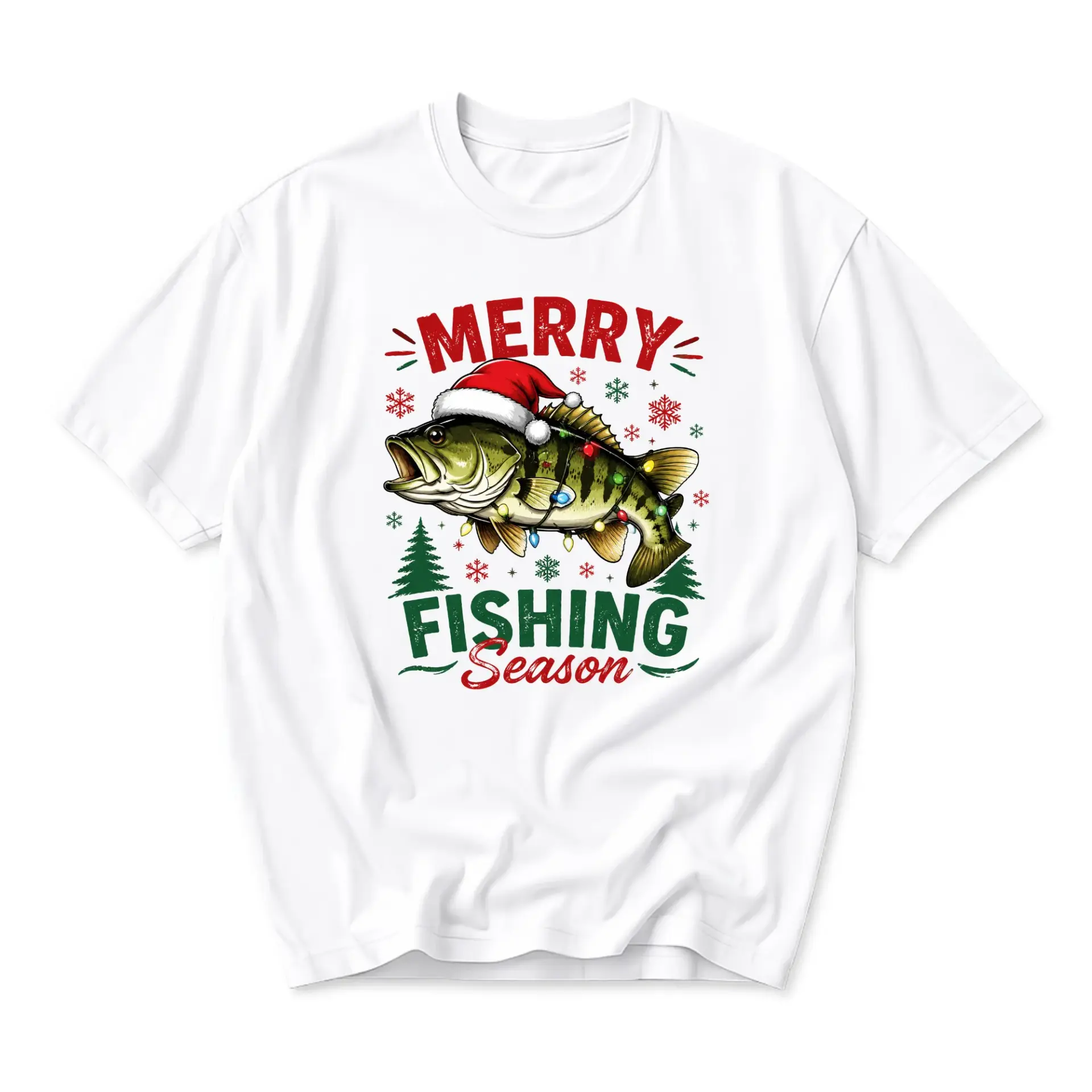 Funny Shirt Merry Fishing Season Graphic Tee Holiday Fish Lover Gift Unisex Crew Neck Short Sleeve Casual Top