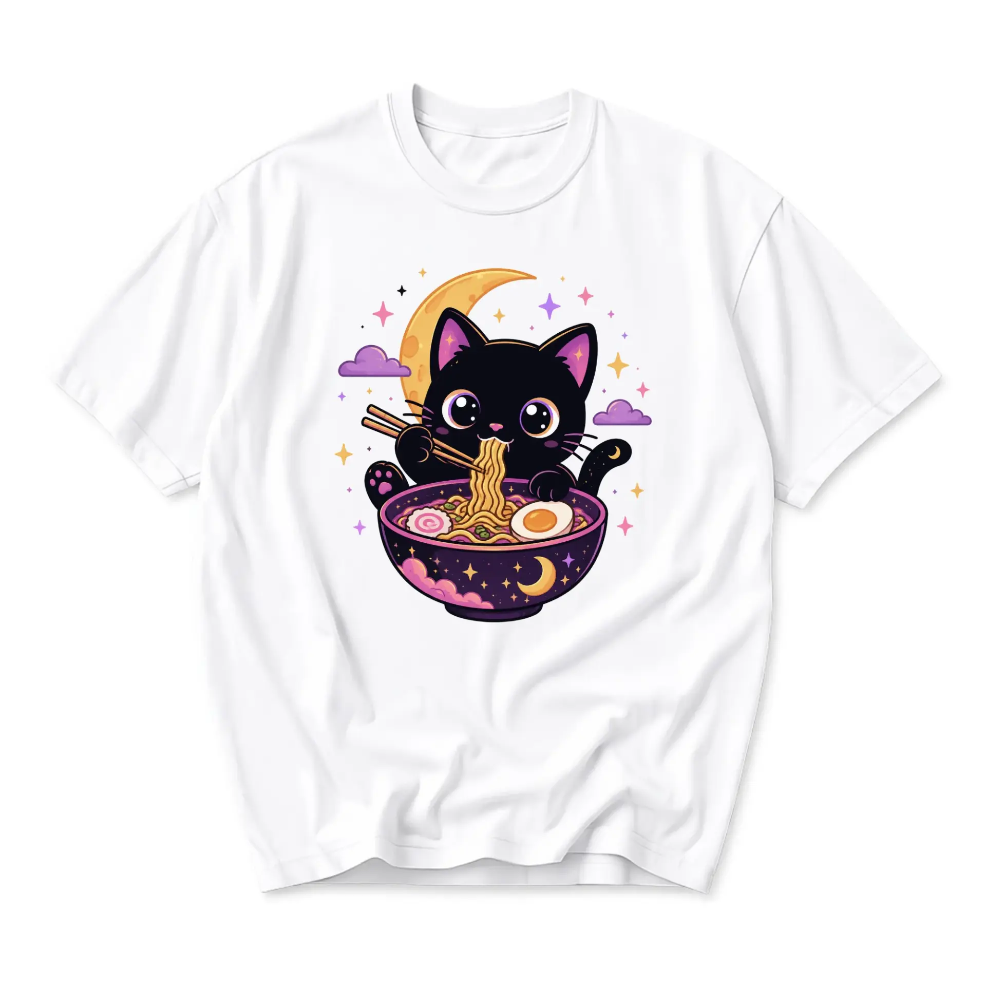 Graphic Tee Unisex Casual Shirt Featuring Cute Black Cat Eating Ramen Noodles Artistic Celestial Design Print