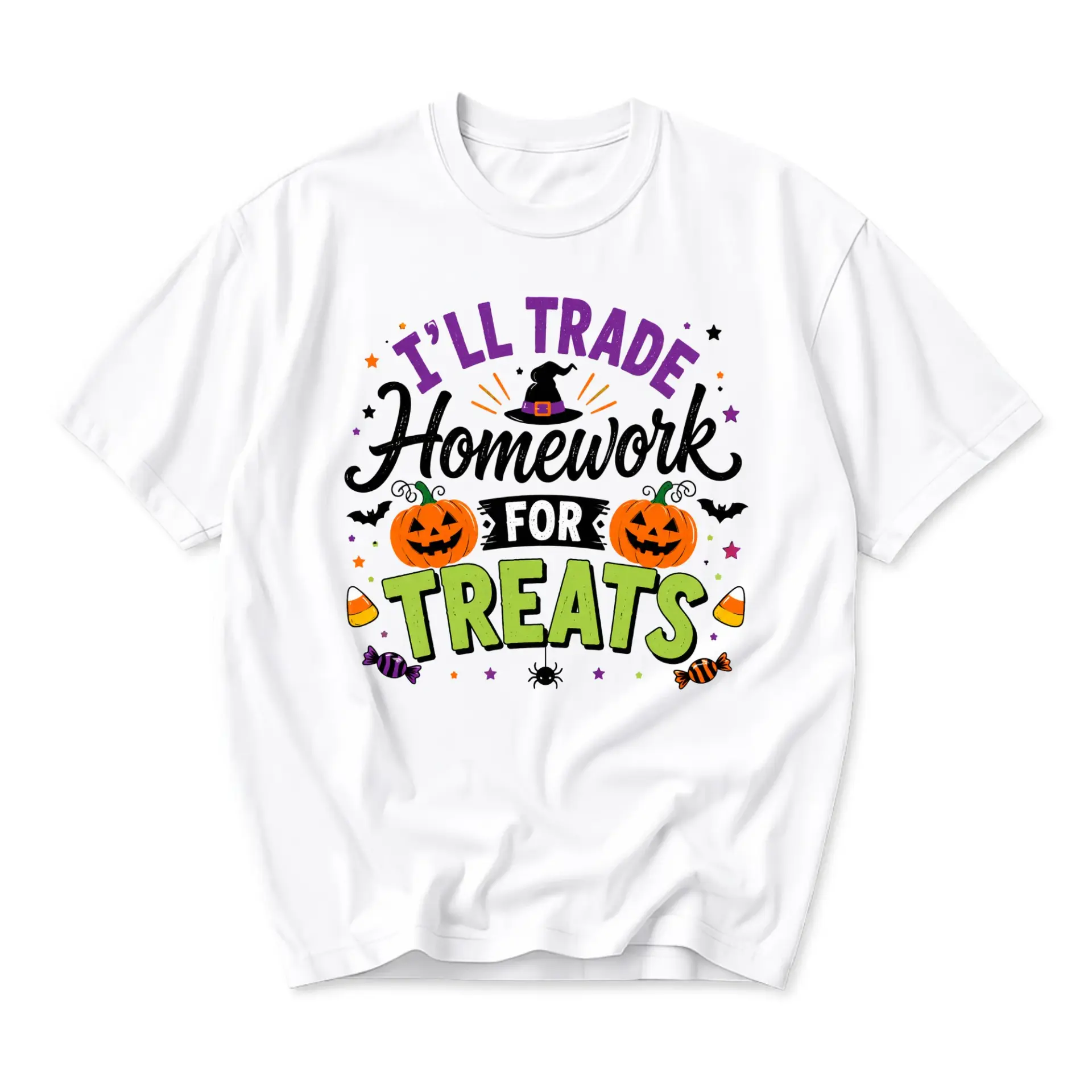 Funny Shirt I'll Trade Homework for Treats Halloween Graphic Tee Unisex Crew Neck Short Sleeve Casual Cotton Apparel