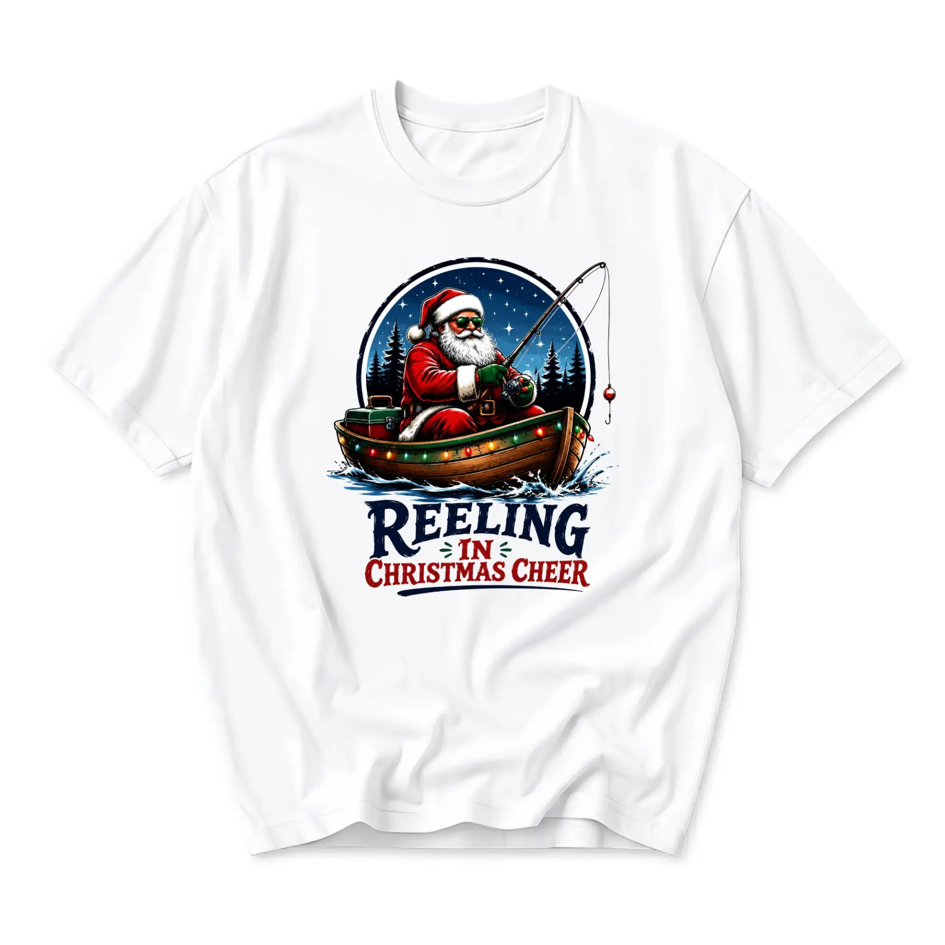Funny Shirt Reeling in Christmas Cheer Graphic Tee Holiday Fishing Santa
