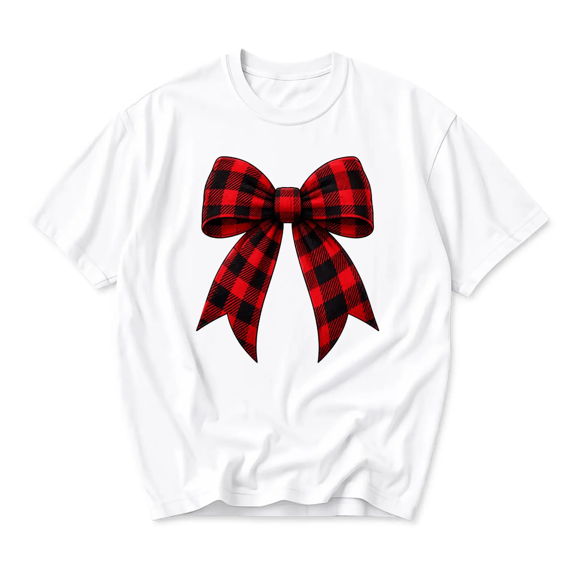 Graphic Tee Red Plaid Bow Print Unisex Casual Crew Neck T-Shirt Comfortable Everyday Wear Seasonal Holiday Fashion