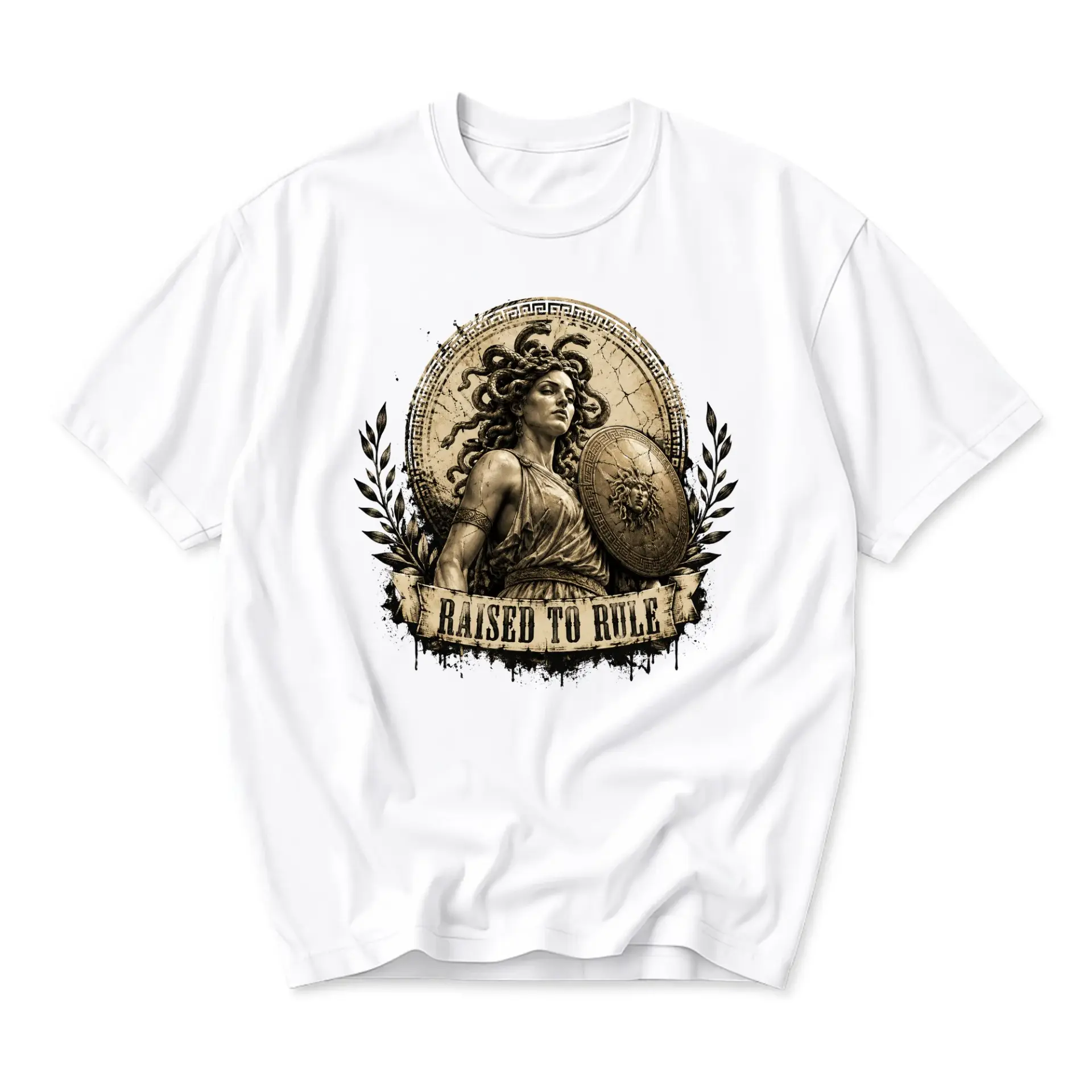 Graphic Tee Unisex Crew Neck T-Shirt Featuring Mythological Warrior Goddess Illustration Raised to Rule Artistic Print