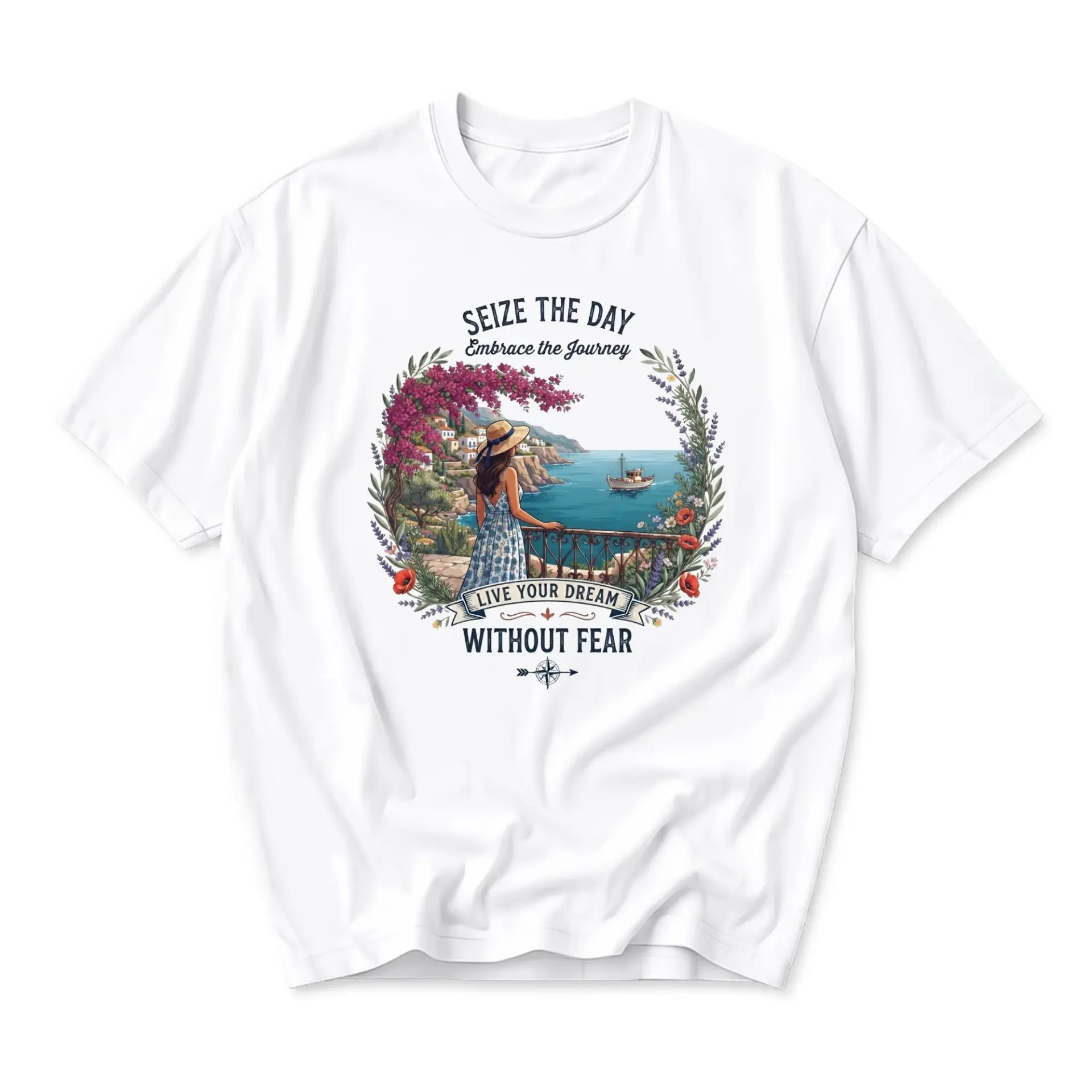 Graphic Tee Seize the Day Embrace the Journey Mediterranean Coastal Scenic Illustration Unisex Crew Neck Apparel