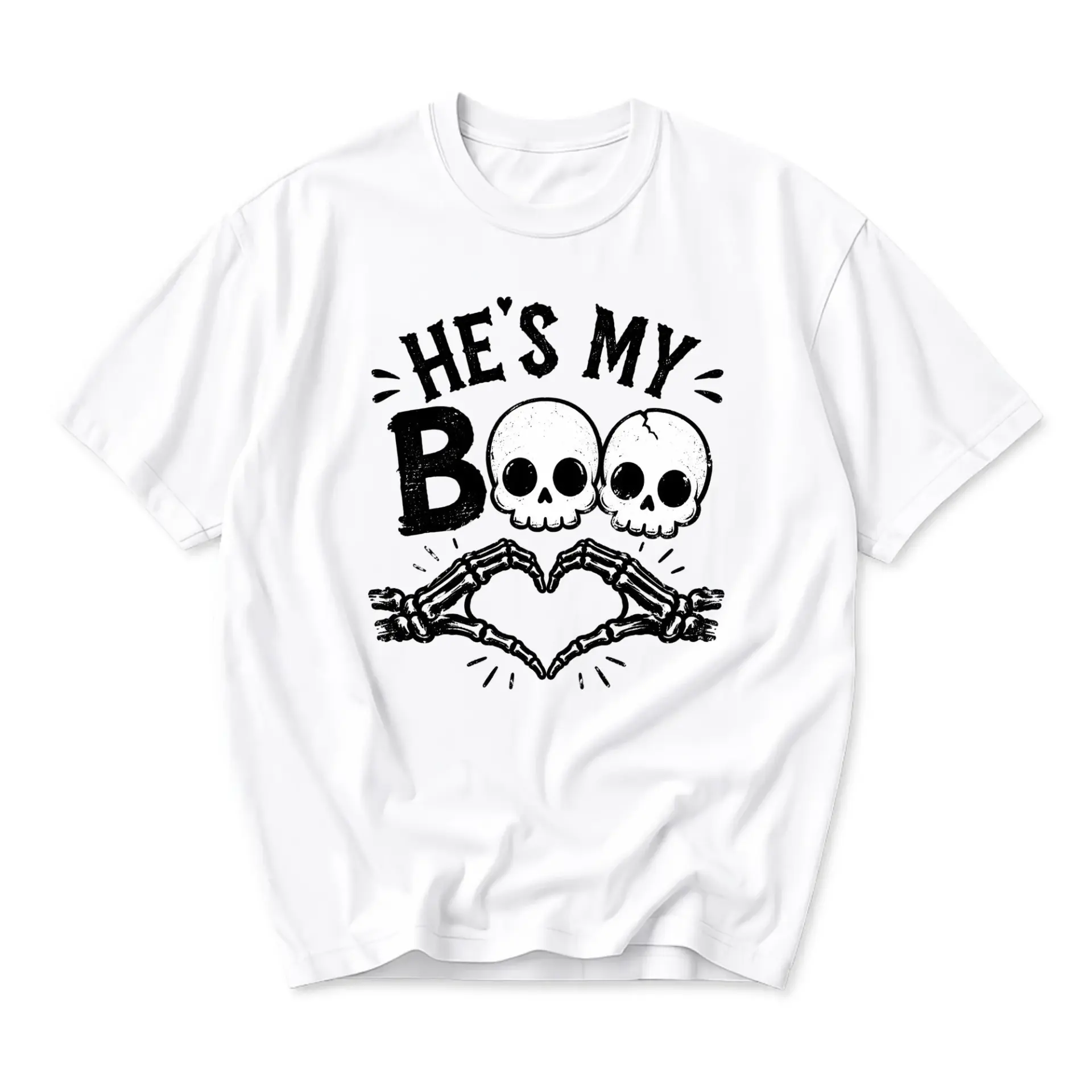 Graphic Tee He Is My Boo Skeleton Heart Unisex Crew Neck Short Sleeve Cotton Casual Everyday Apparel Summer Top