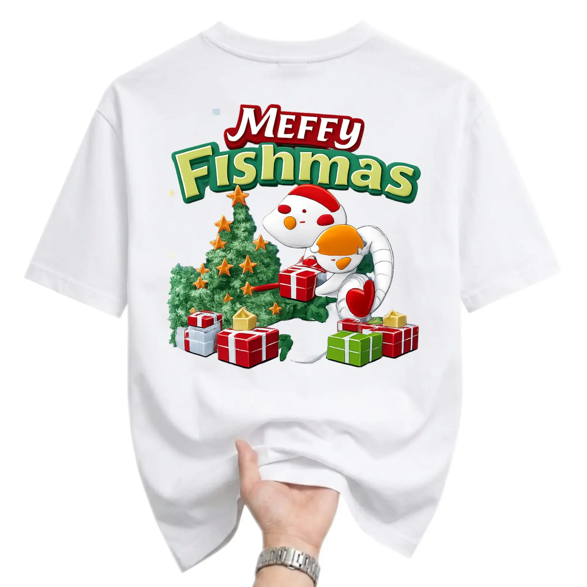 Funny Shirt Meffy Fishmas Christmas Holiday Graphic Tee Casual Unisex Crew Neck Short Sleeve Top Cotton Blend