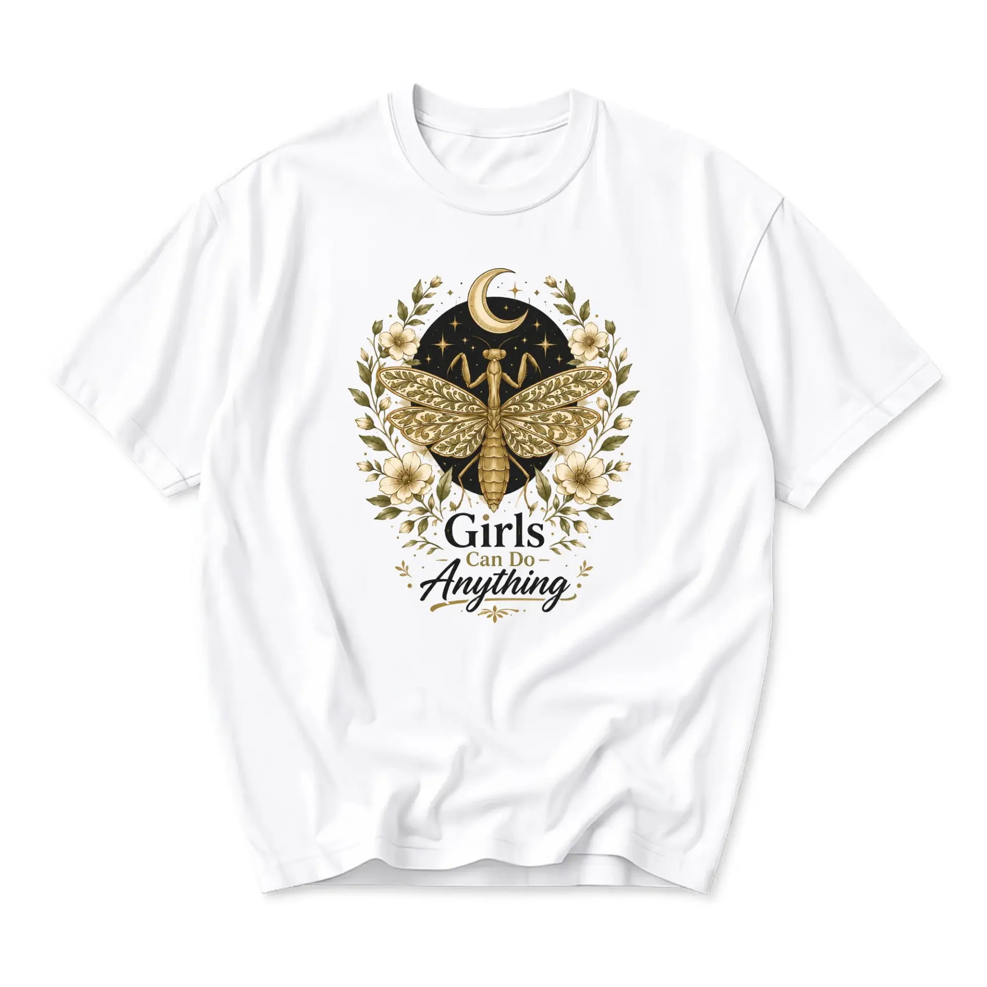 Graphic Tee Girls Can Do Anything Praying Mantis Celestial Art Casual Unisex Crew Neck Short Sleeve Cotton Shirt