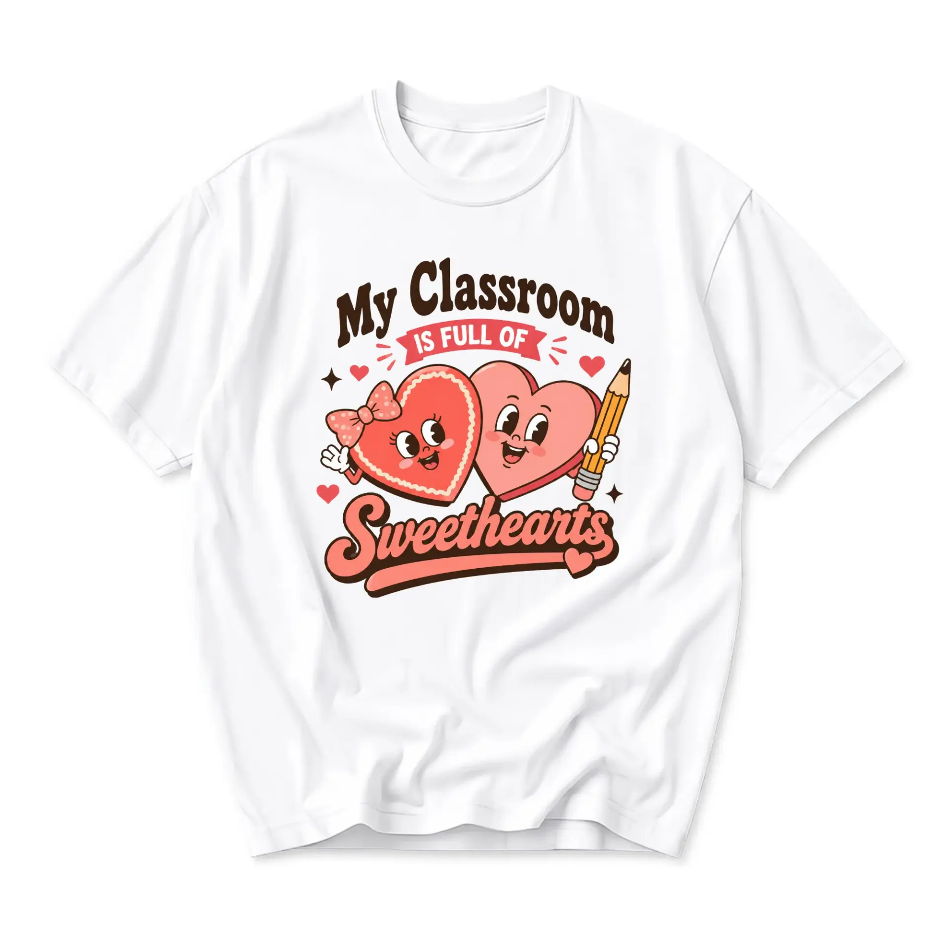 Funny Shirt My Classroom Is Full of Sweethearts Graphic Tee Retro Cartoon Heart Illustration Unisex Crew Neck Top