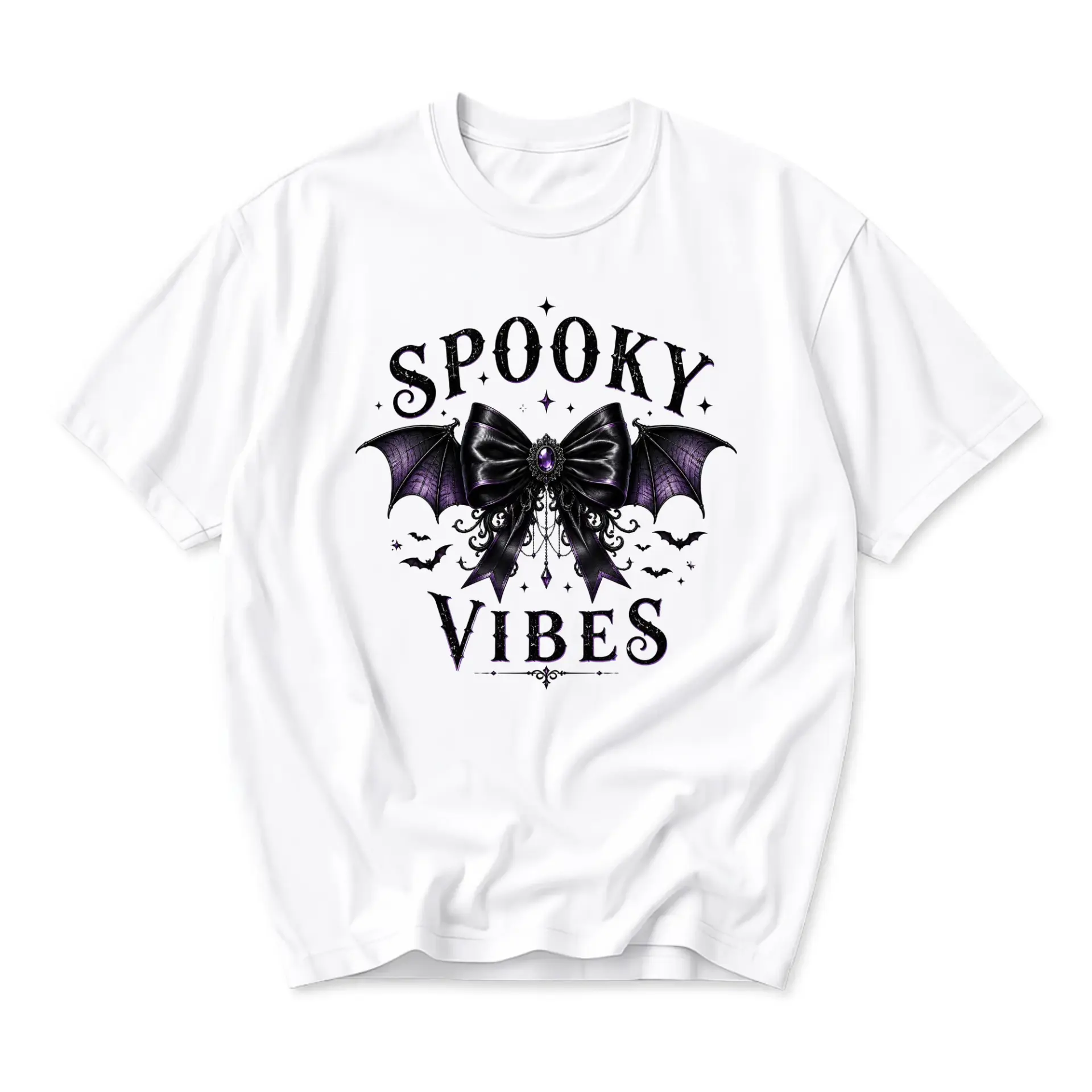 Graphic Tee Spooky Vibes Bat Bow Shirt Unisex Crew Neck Short Sleeve Cotton Blend Apparel for Casual Everyday Style