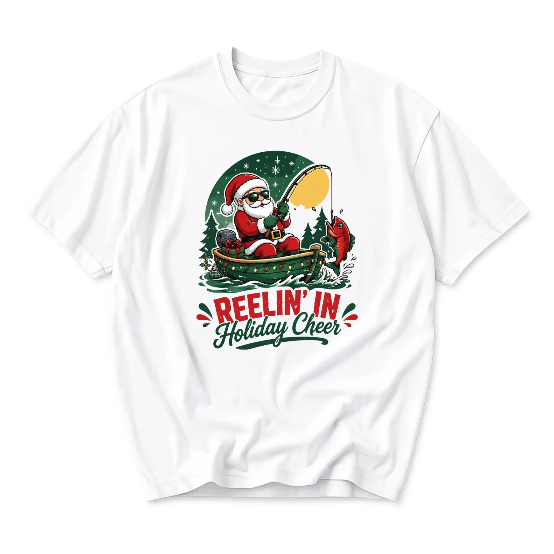 Graphic Tee Unisex Christmas Santa Fishing Shirt Reelin in Holiday Cheer Casual Short Sleeve Cotton Blend Top