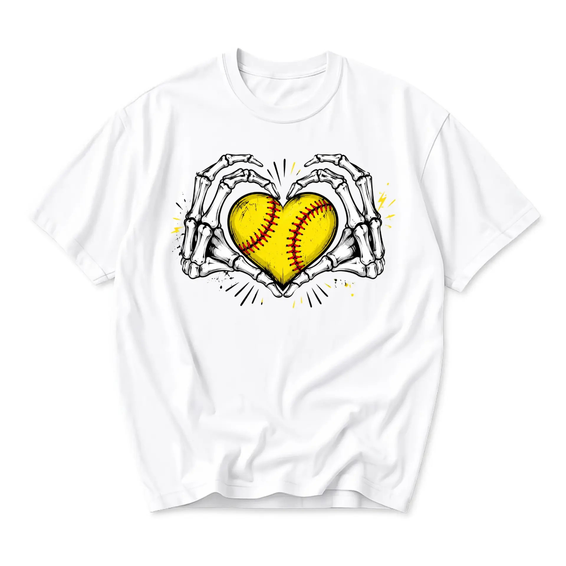 Graphic Tee Softball Heart Skeleton Hands Unisex Crew Neck Shirt for Sports Fans and Casual Everyday Comfort Apparel