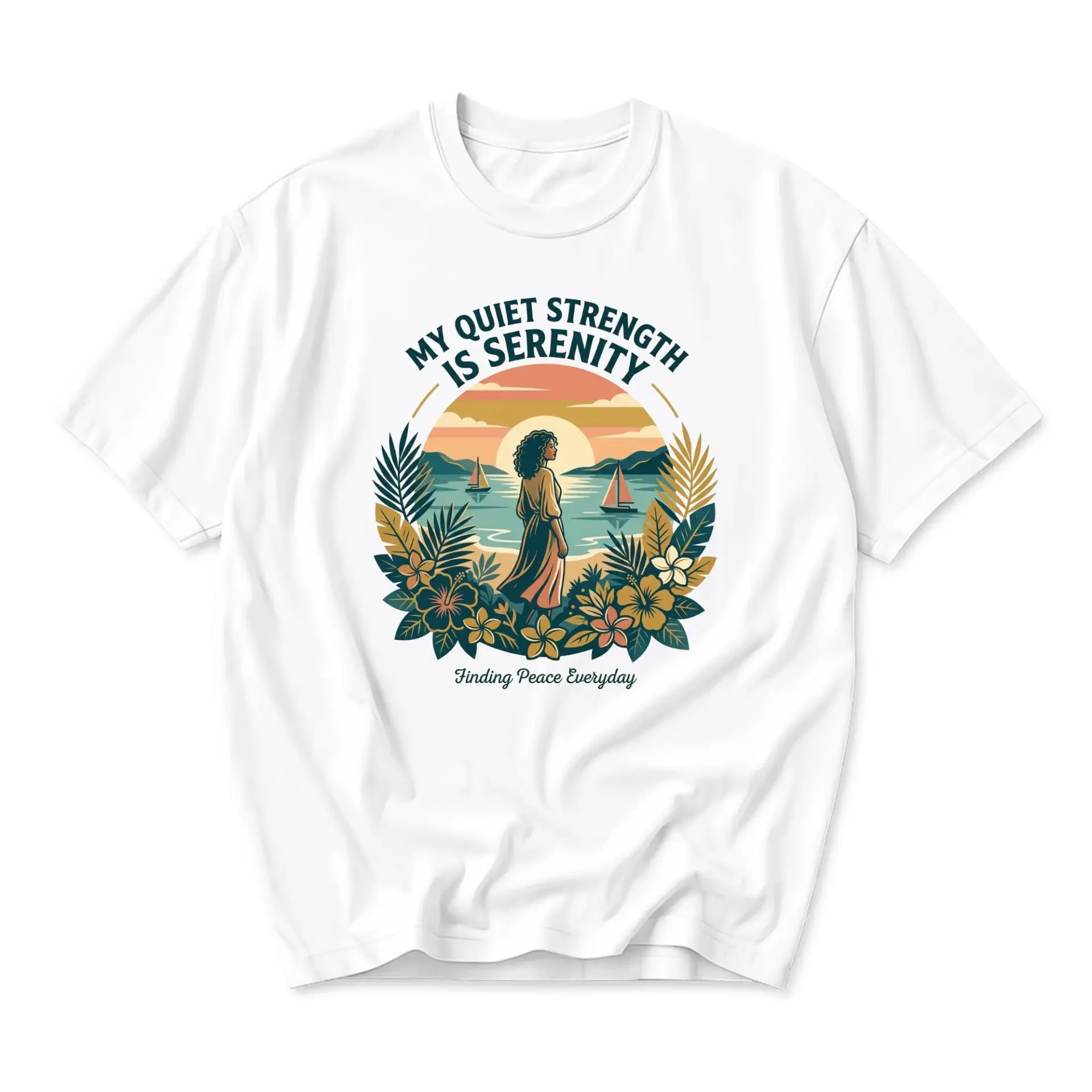 Graphic Tee My Quiet Strength Is Serenity Tropical Sunset Beach Scene Unisex Casual Crew Neck Comfortable Apparel