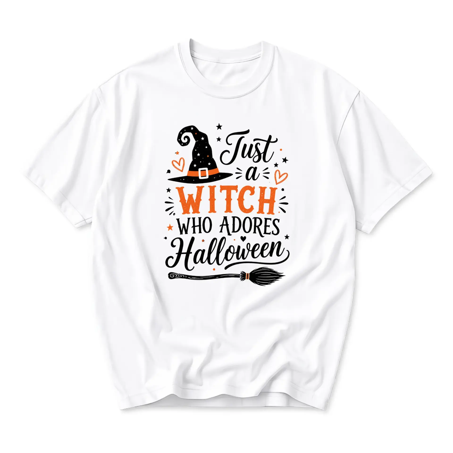 Graphic Tee Just a Witch Who Adores Halloween Unisex Crew Neck Shirt for Seasonal Holiday Apparel and Casual Everyday Wear