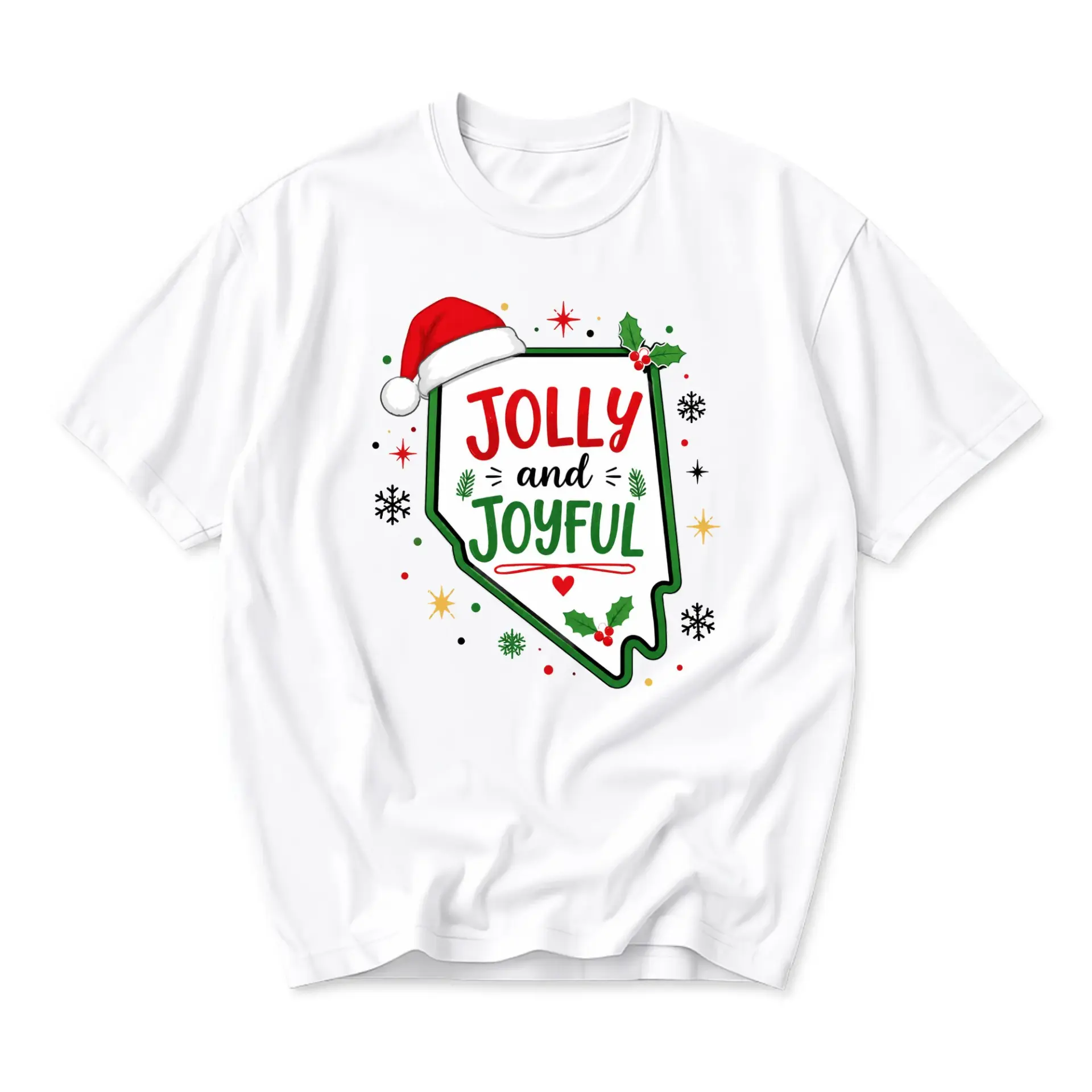 Graphic Tee Jolly and Joyful Holiday State Outline T-Shirt Casual Unisex Short Sleeve Crew Neck Seasonal Apparel