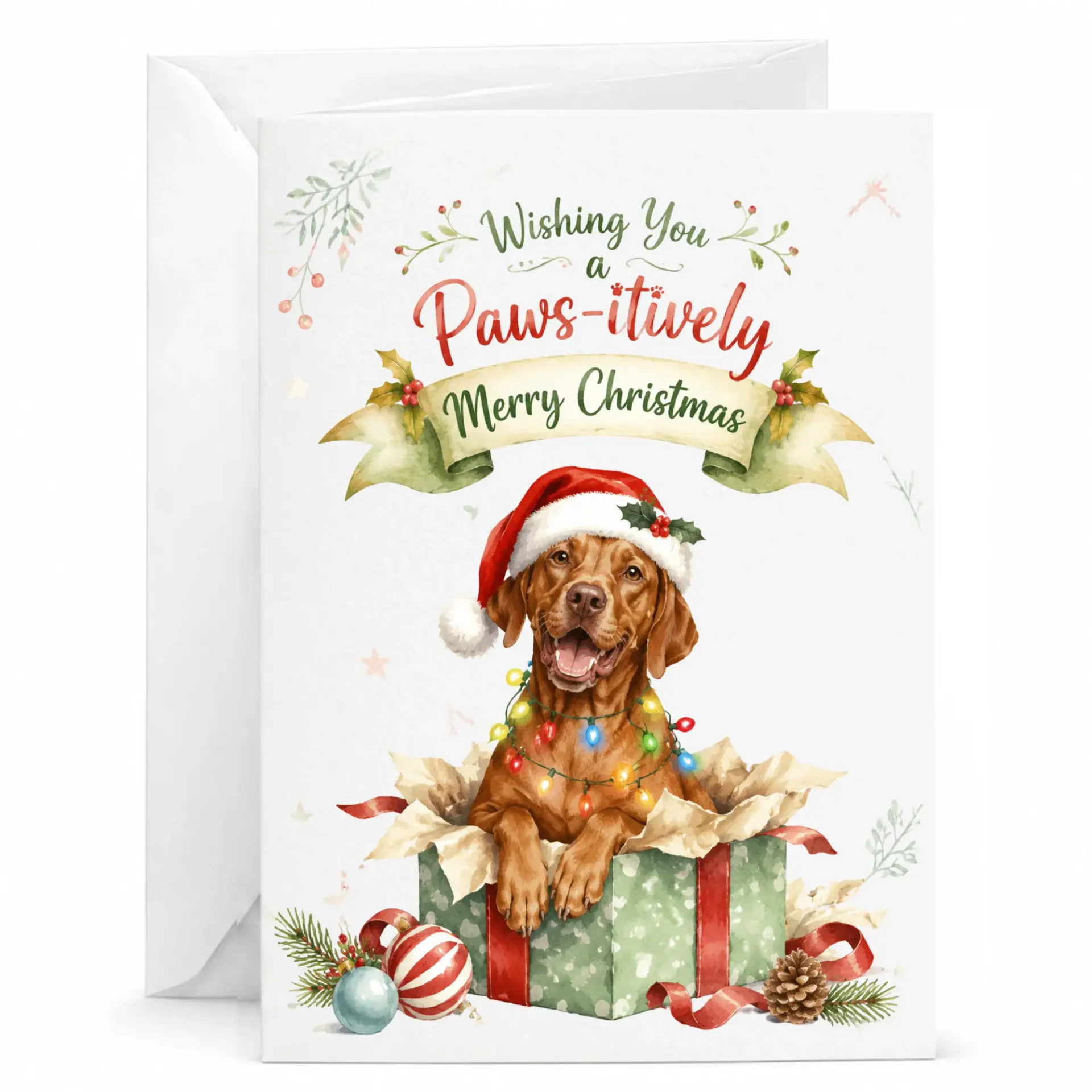 Funny Christmas Greeting Card with Cute Dog Inside Gift Box Paws-Itively Merry Christmas Holiday Stationery 5x7
