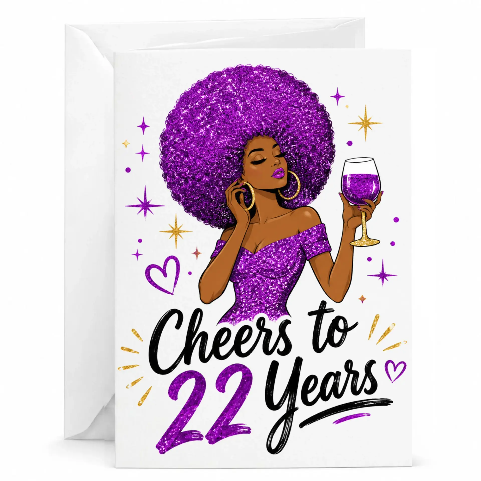 Birthday Card Cheers to 22 Years with Elegant Glamorous Woman Illustration and Glitter Style Graphics for Birthday Party