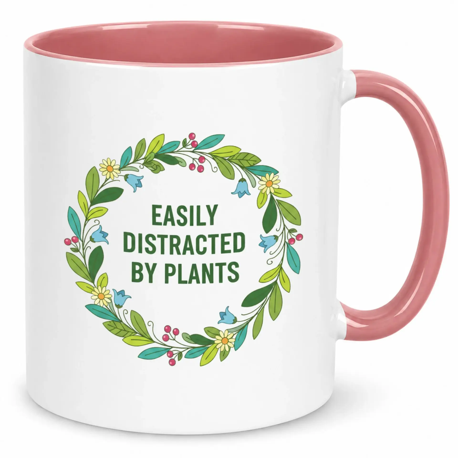 Funny Ceramic Coffee Mug with Botanical Wreath Design 'easily Distracted by Plants' Quote for Plant Lovers and Gardeners