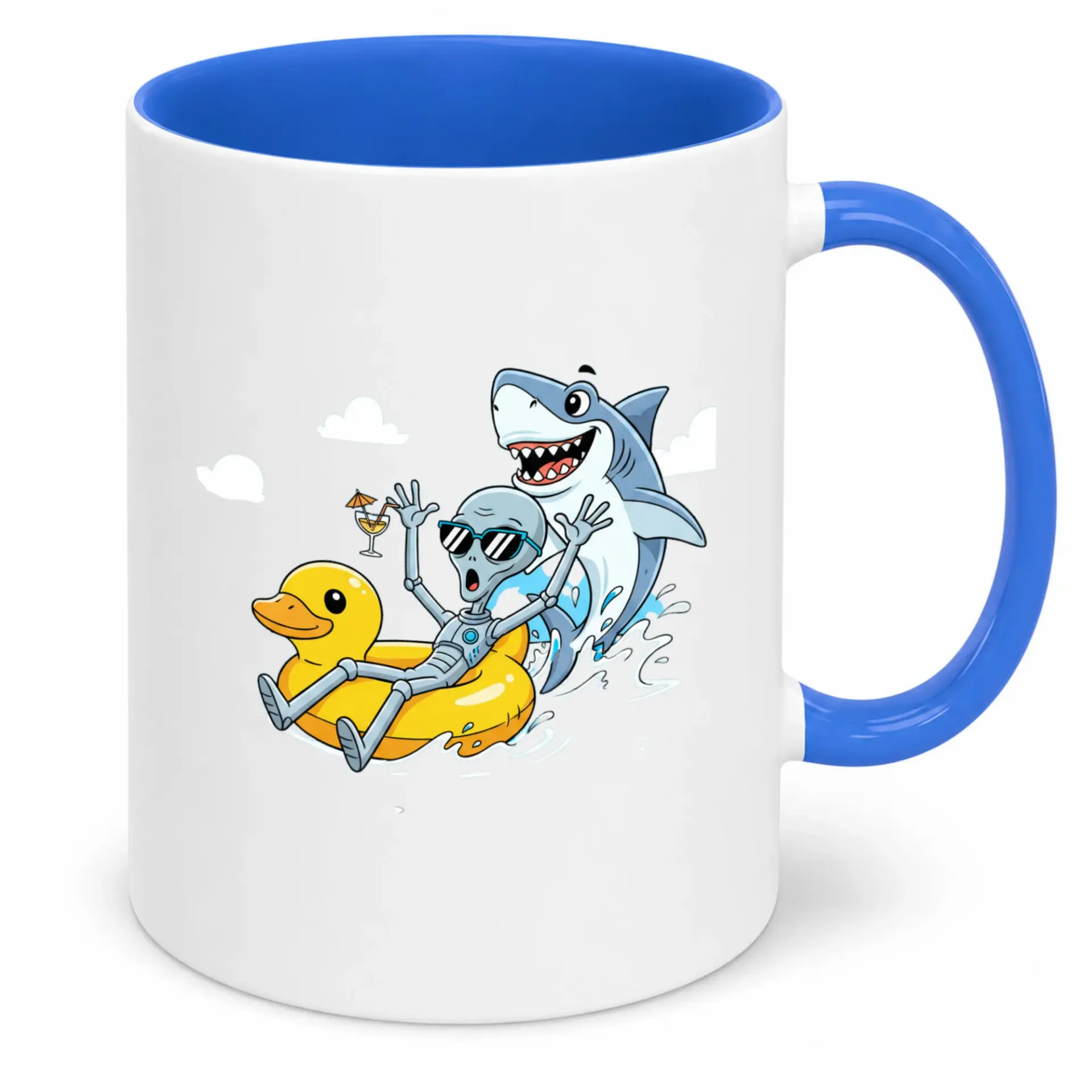 Funny Alien and Shark Summer Beach Ceramic Coffee Mug, 11 Oz or 15 Oz White Ceramic Tea Cup with Blue Handle, Unique Humorous Gift