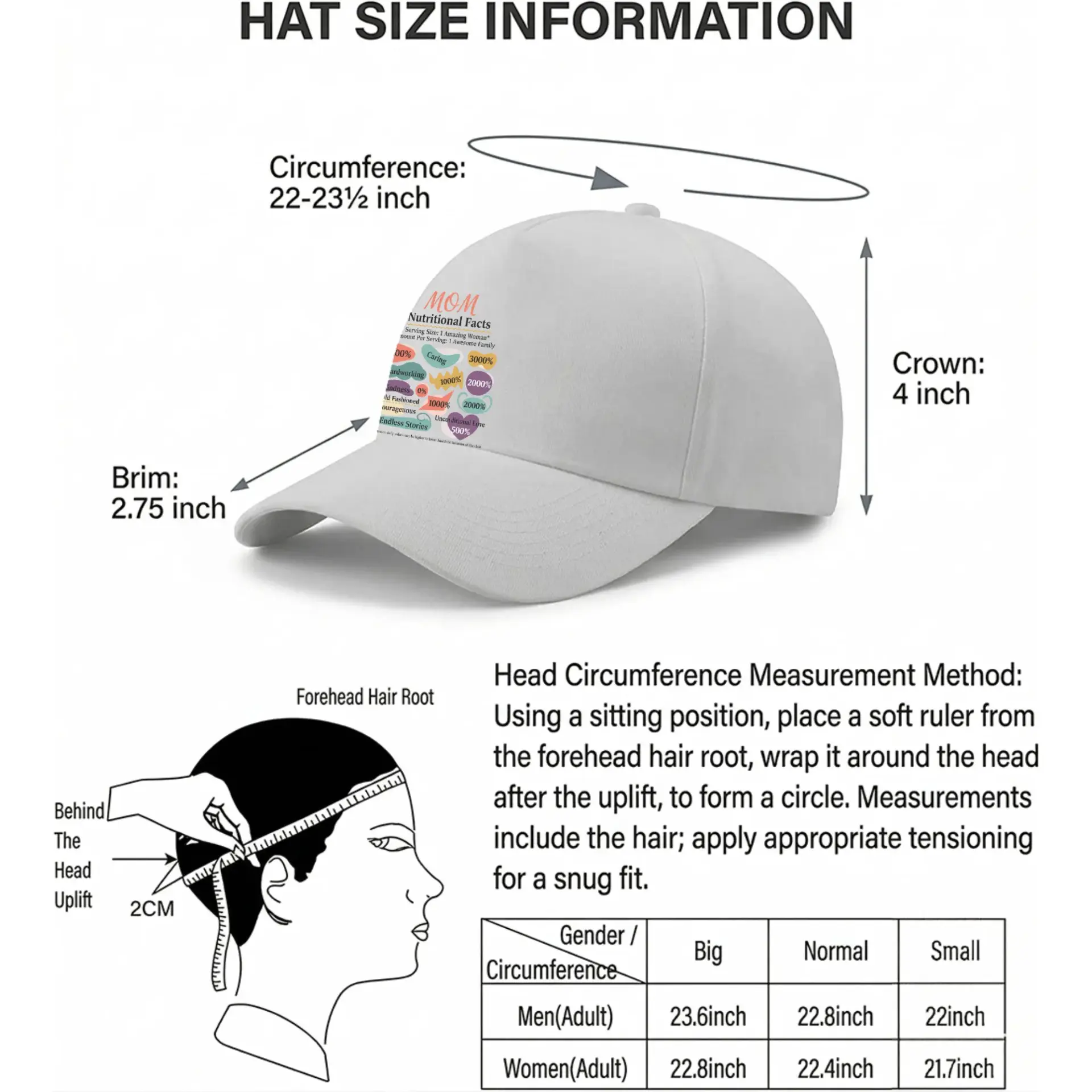 Dad Hat Baseball Cap Featuring Nutritional Facts Design for Mothers Day Gift Comfortable Cotton Unisex Headwear