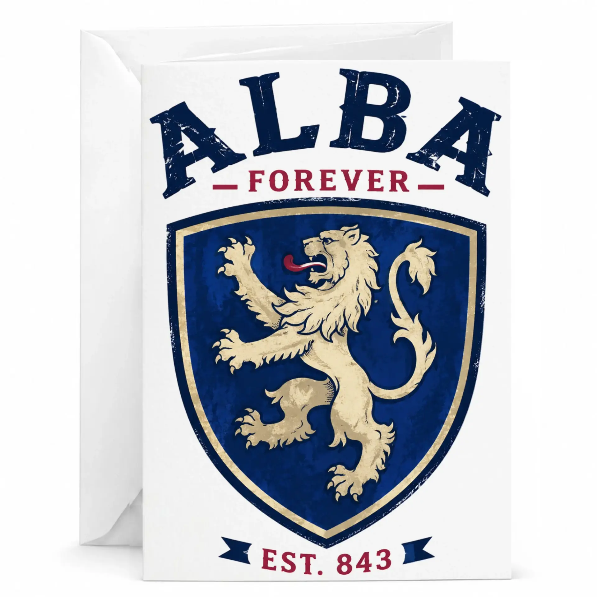 Greeting Card Featuring Vintage Lion Crest Design Alba Forever Est 843 Heraldic Style Emblem Note Card