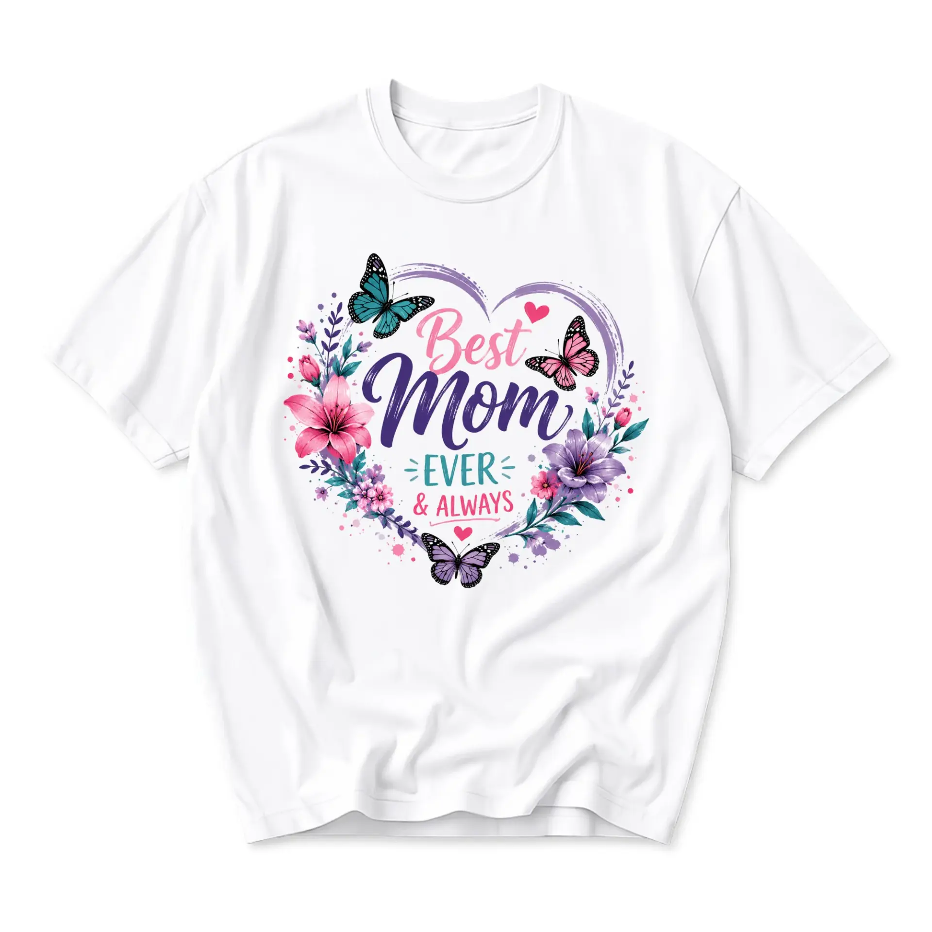 Graphic Tee Best Mom Ever and Always Floral Butterfly Design Unisex Crew Neck Soft Cotton Casual Apparel T-Shirt