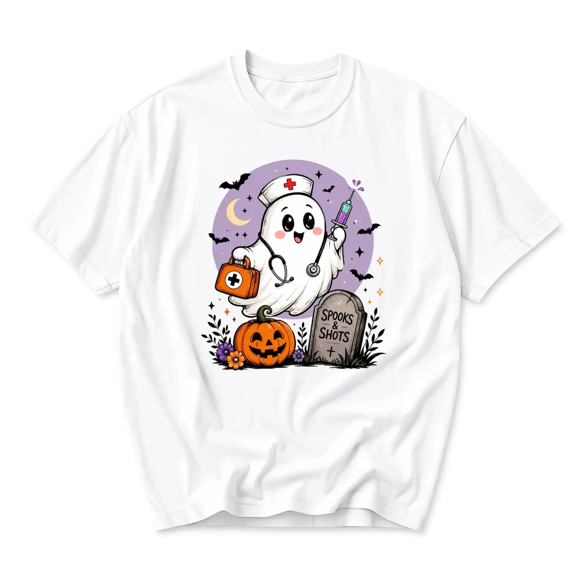 Funny Shirt Spooks and Shots Ghost Nurse Halloween Graphic Tee Unisex Crew Neck Comfortable Cotton Blend Casual Top