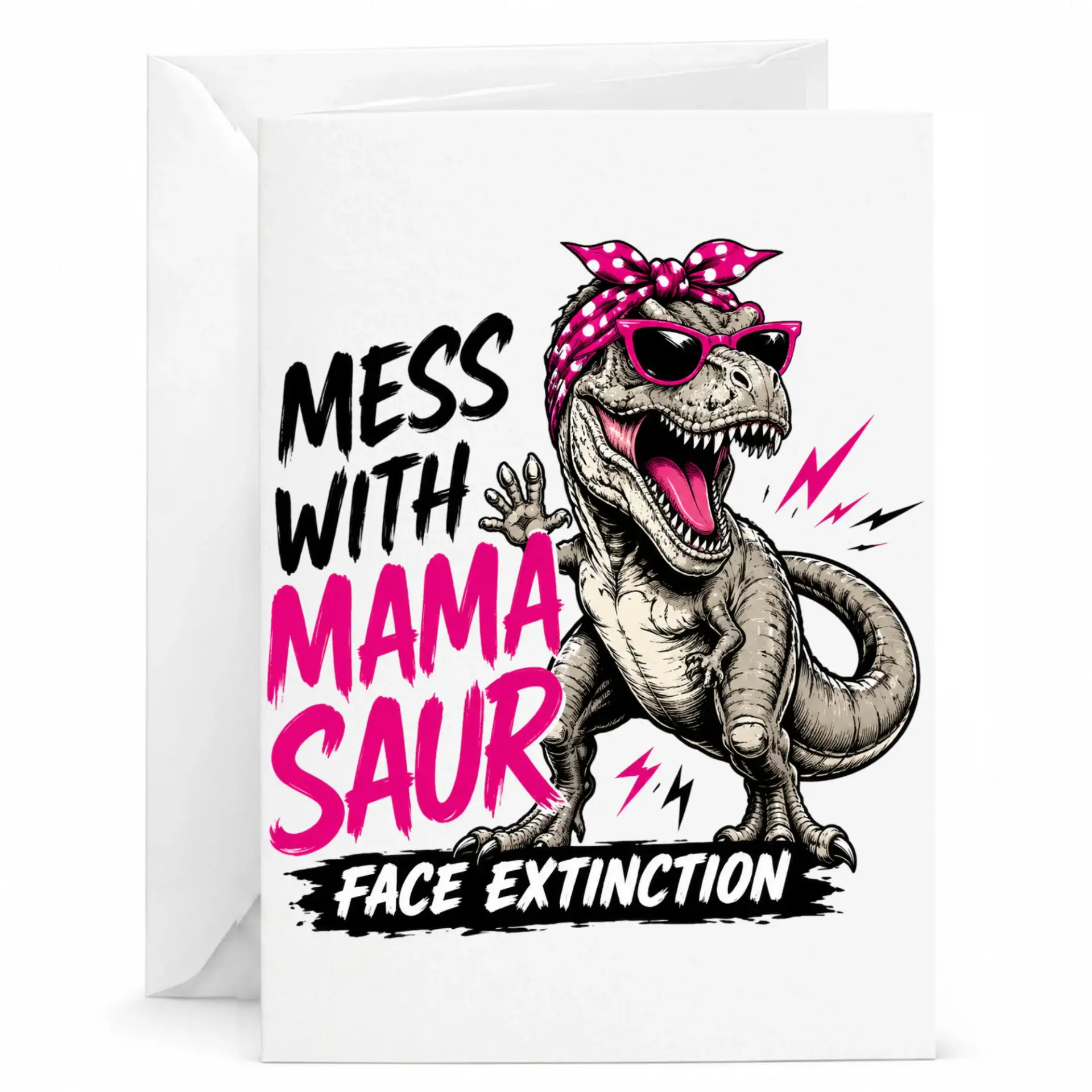 Funny Greeting Card Featuring Mama Saur Dinosaur Pun with Pink Accents for Birthdays and Special Occasions