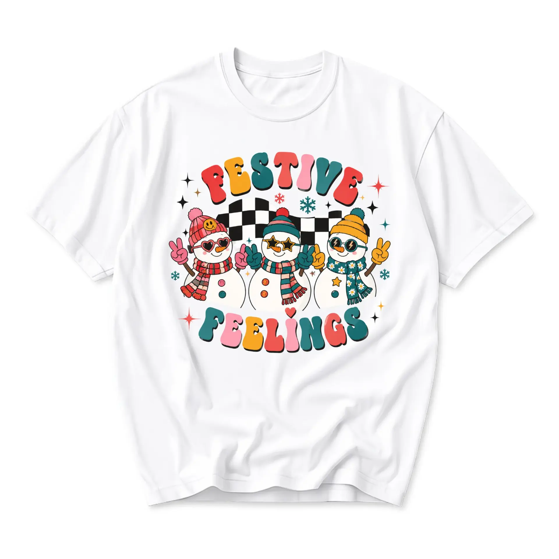 Graphic Tee Festive Feelings Snowman Print Unisex Crew Neck Shirt for Casual Everyday Wear and Seasonal Holidays